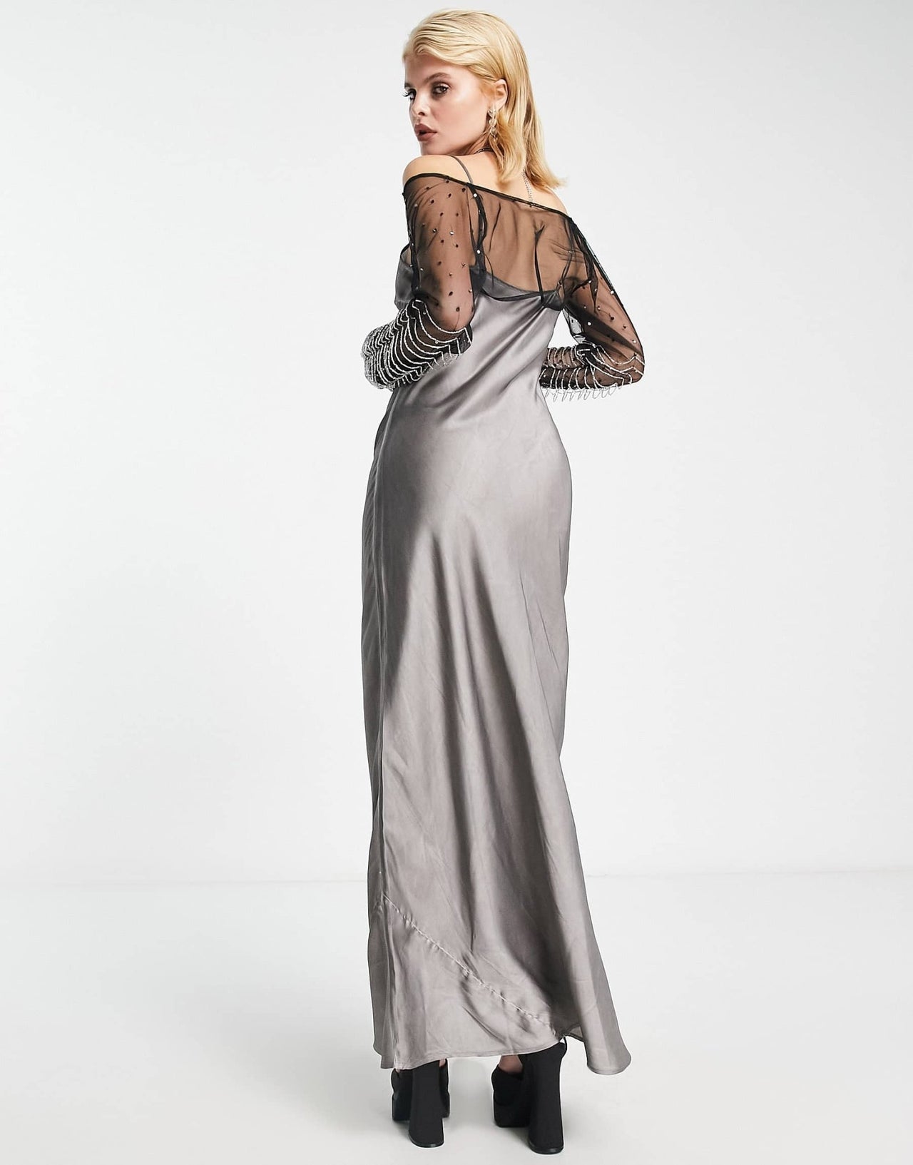 Reclaimed Vintage limited edition grunge slip dress with detachable sheer and embellished sleeves in black - ASOS Sample Sale EU Store