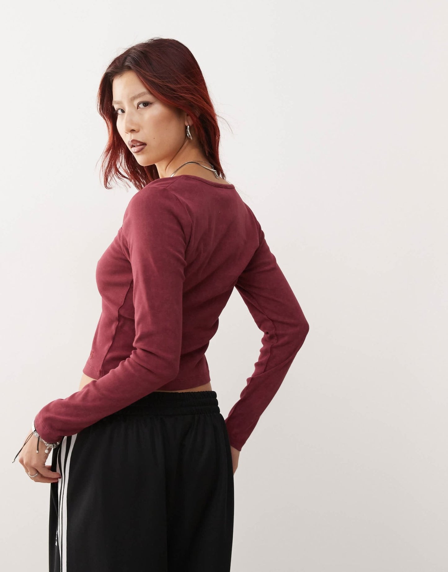 Reclaimed Vintage long sleeve square neck washed rib top in burgundy - ASOS Sample Sale EU Store