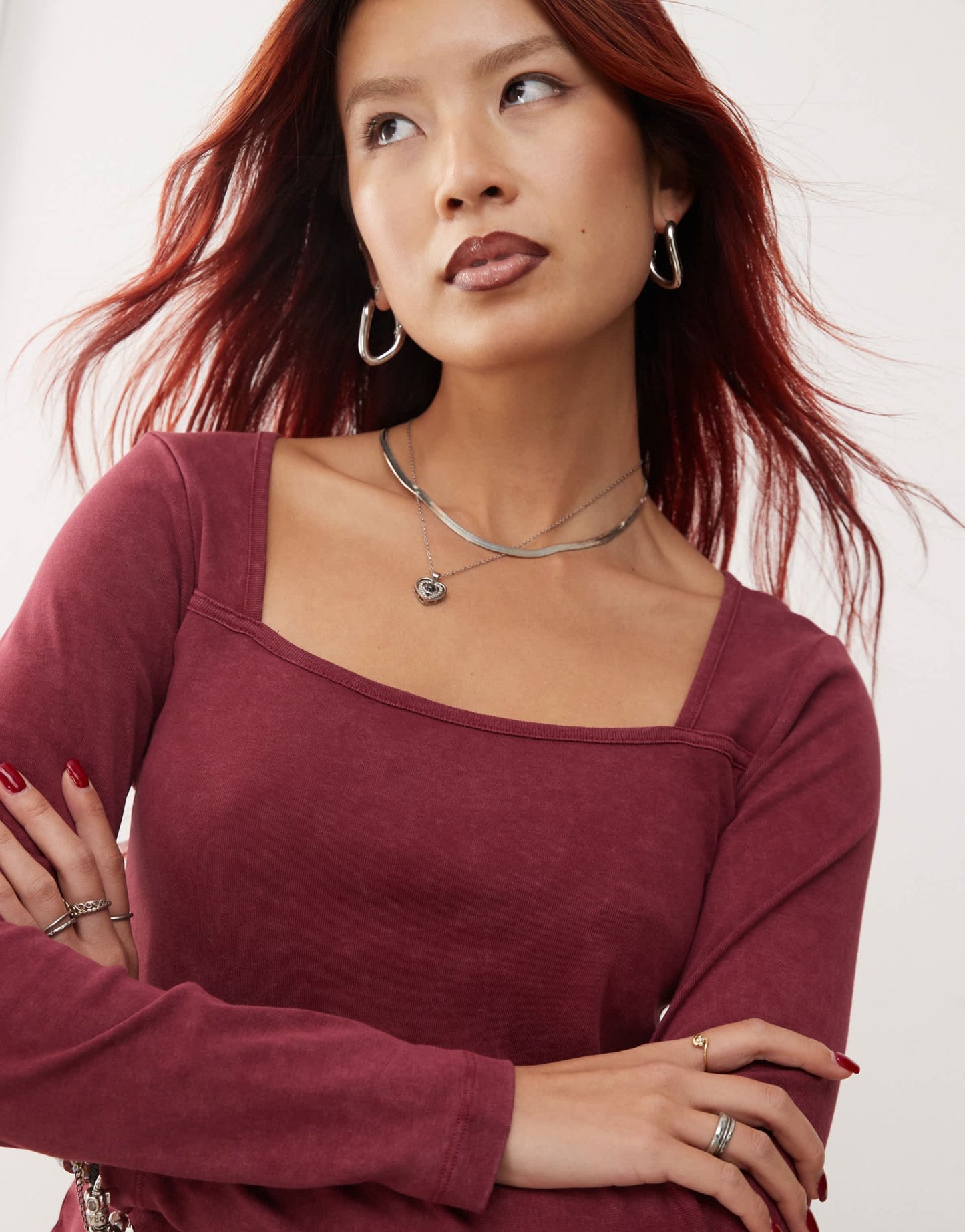Reclaimed Vintage long sleeve square neck washed rib top in burgundy - ASOS Sample Sale EU Store