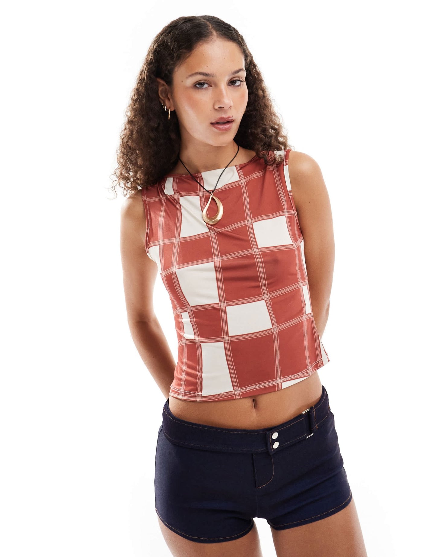 Reclaimed Vintage slash neck vest in checkerboard print in burgundy - ASOS Sample Sale EU Store