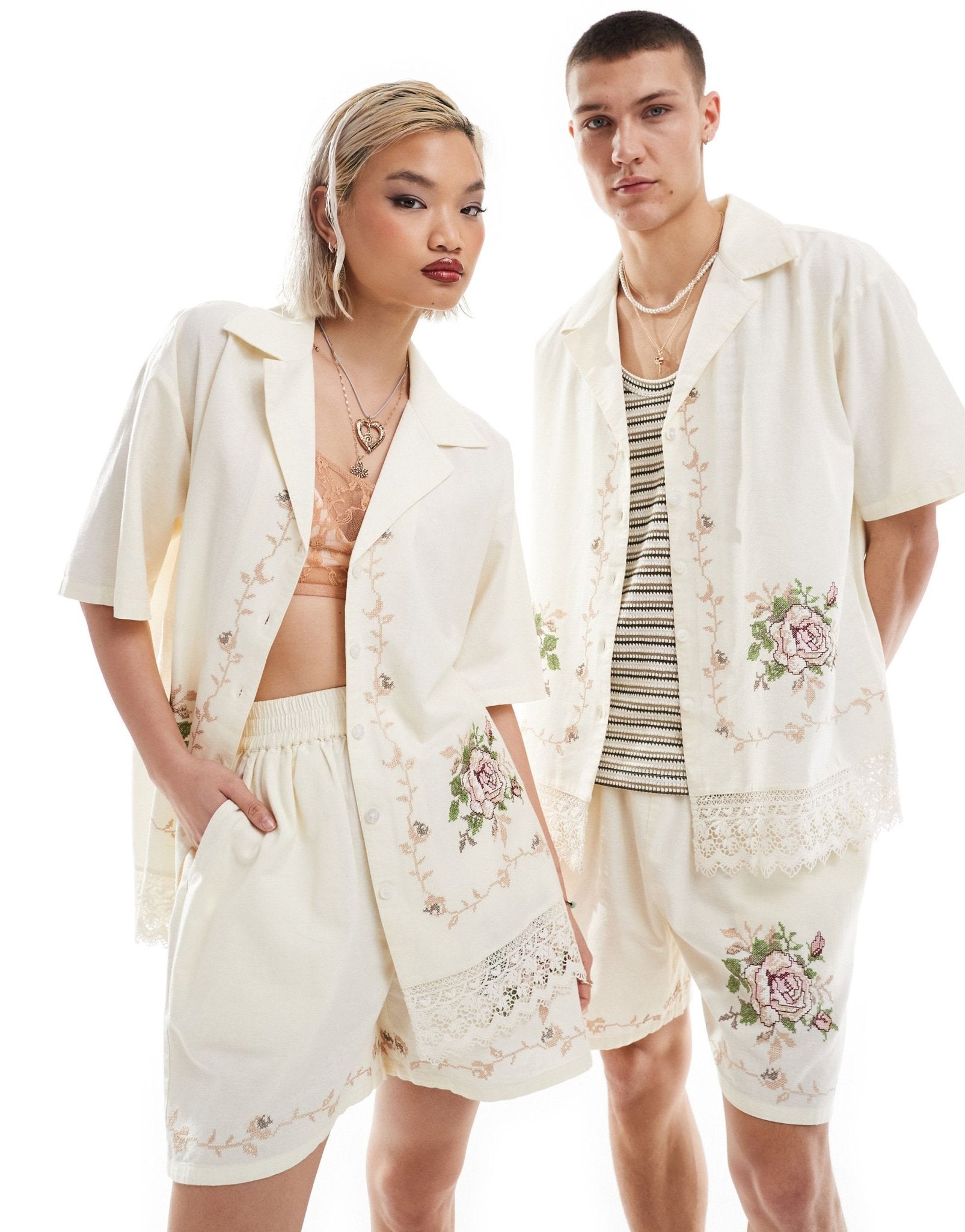 Reclaimed Vintage unisex limited edition embroidered shirt with lace detail - ASOS Sample Sale EU Store