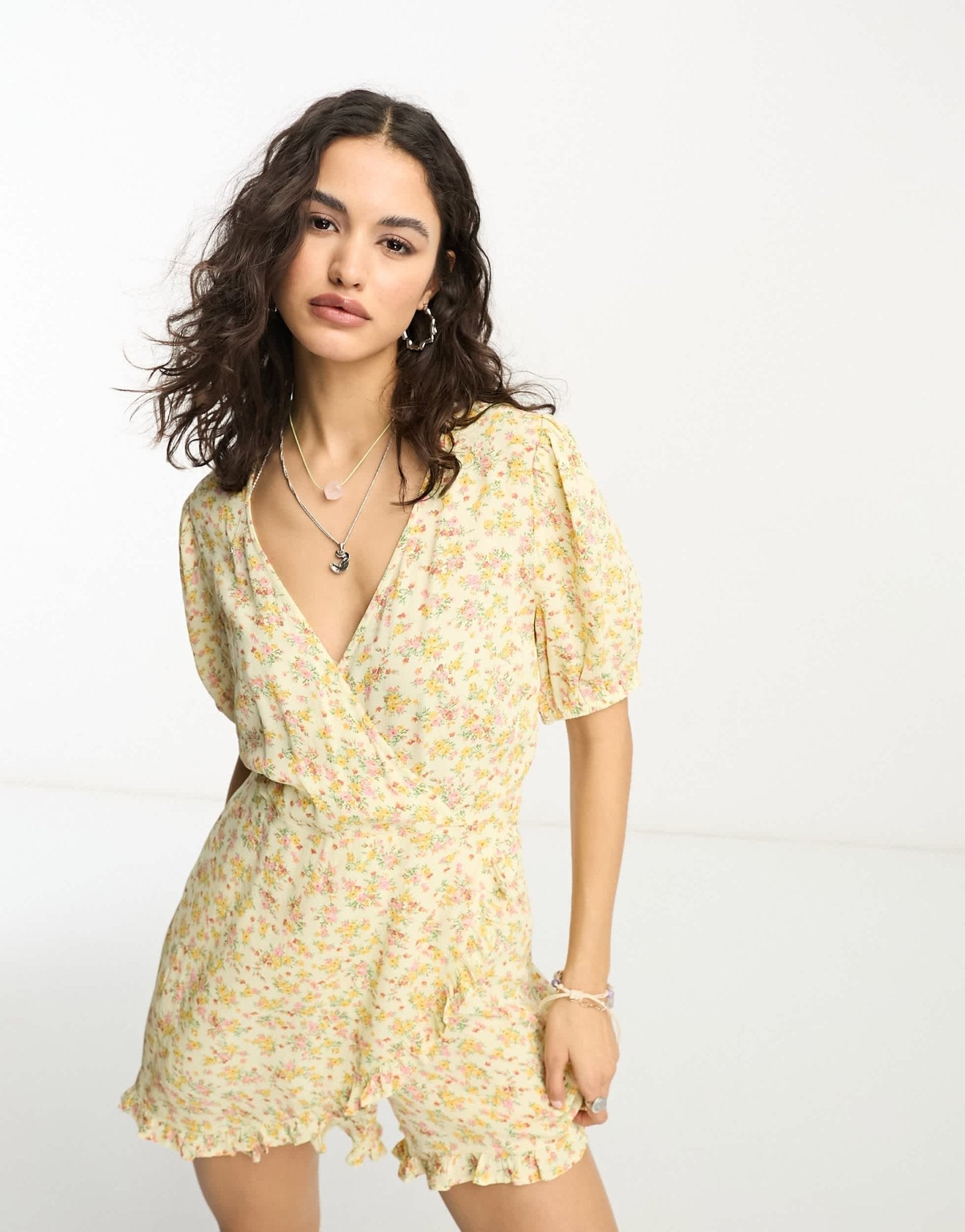 Reclaimed Vintage wrap tea playsuit with ruffles in yellow ditsy floral - ASOS Sample Sale EU Store