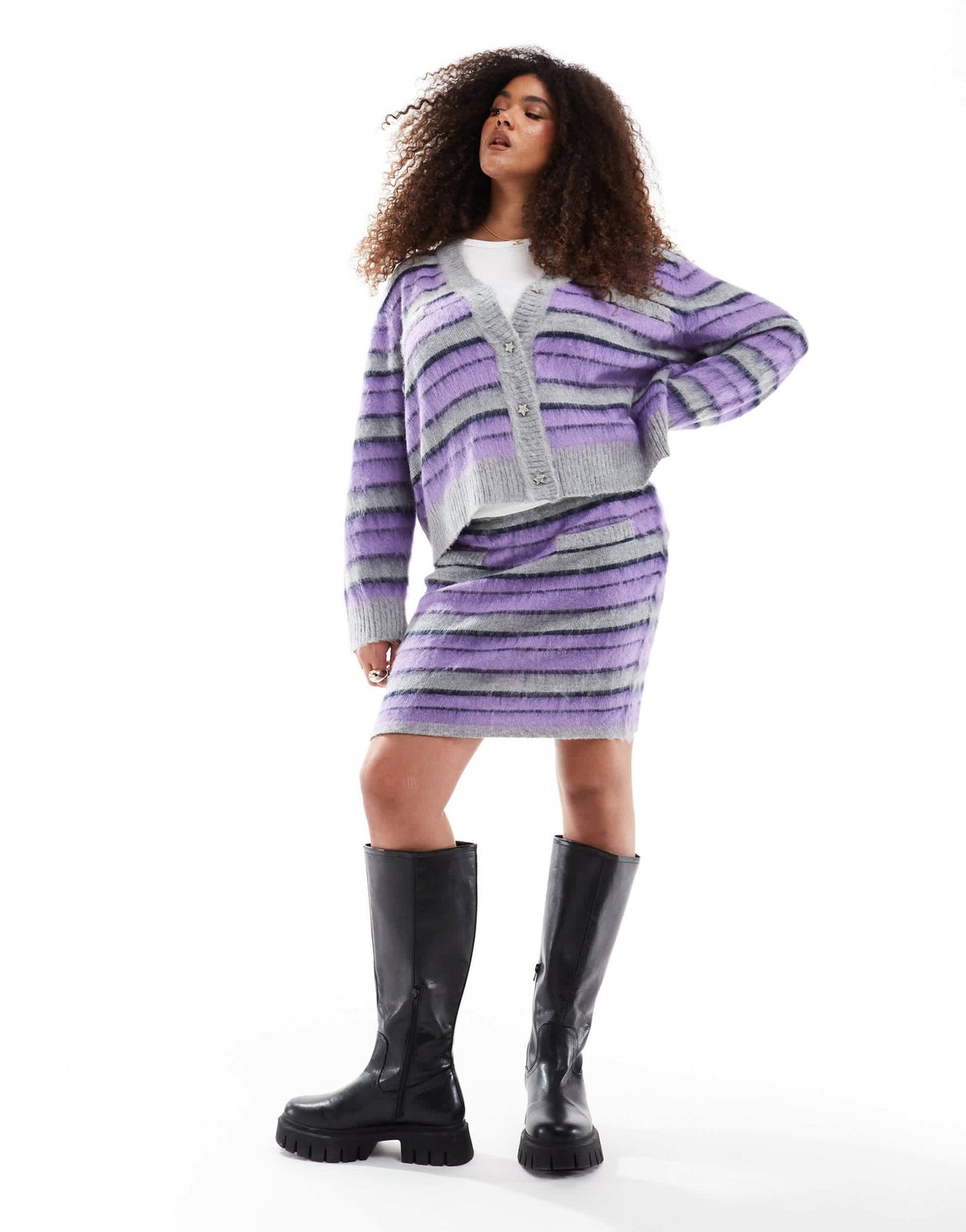 Renee Studio Plus exclusive knitted diamante star button detail cardigan co - ord in brushed purple stripe - ASOS Sample Sale EU Store
