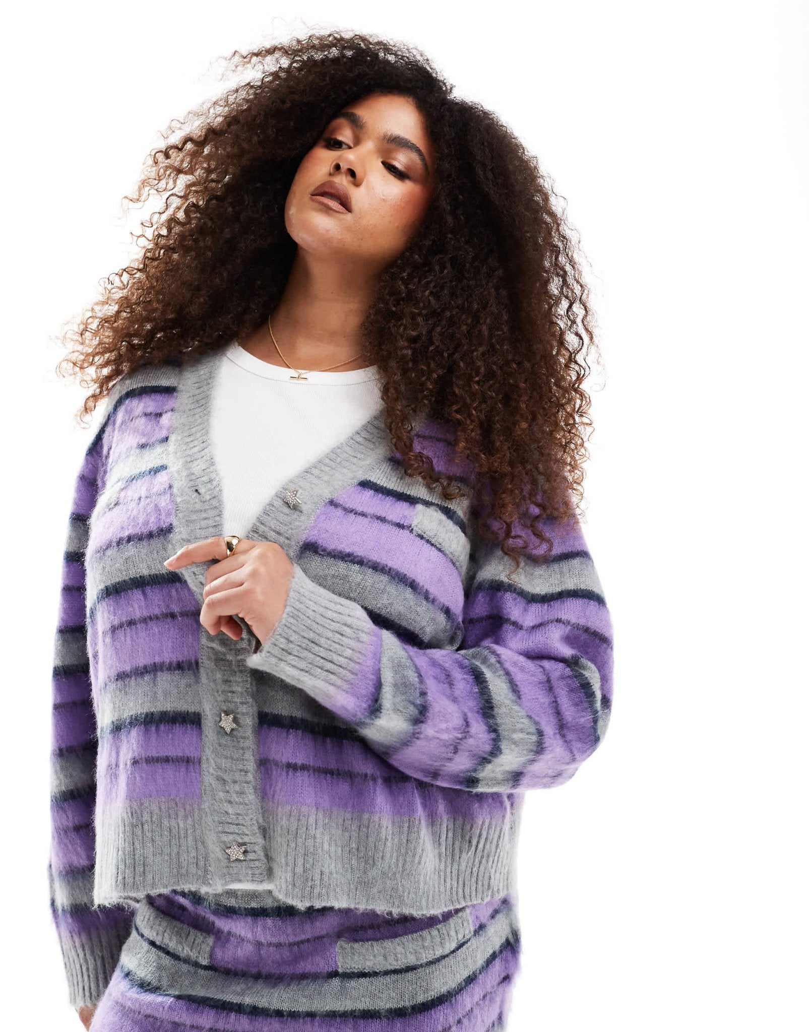 Renee Studio Plus exclusive knitted diamante star button detail cardigan co - ord in brushed purple stripe - ASOS Sample Sale EU Store