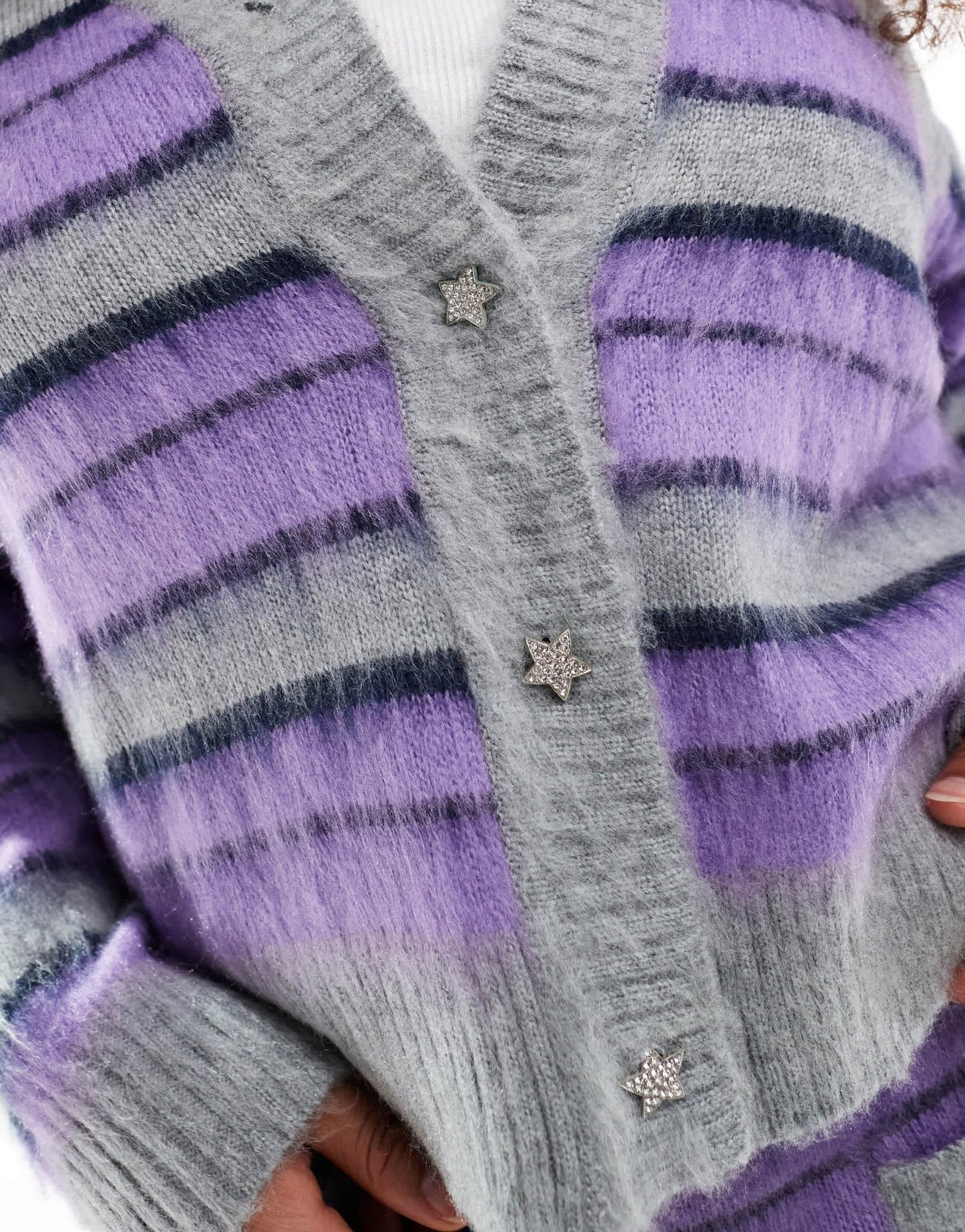 Renee Studio Plus exclusive knitted diamante star button detail cardigan co - ord in brushed purple stripe - ASOS Sample Sale EU Store