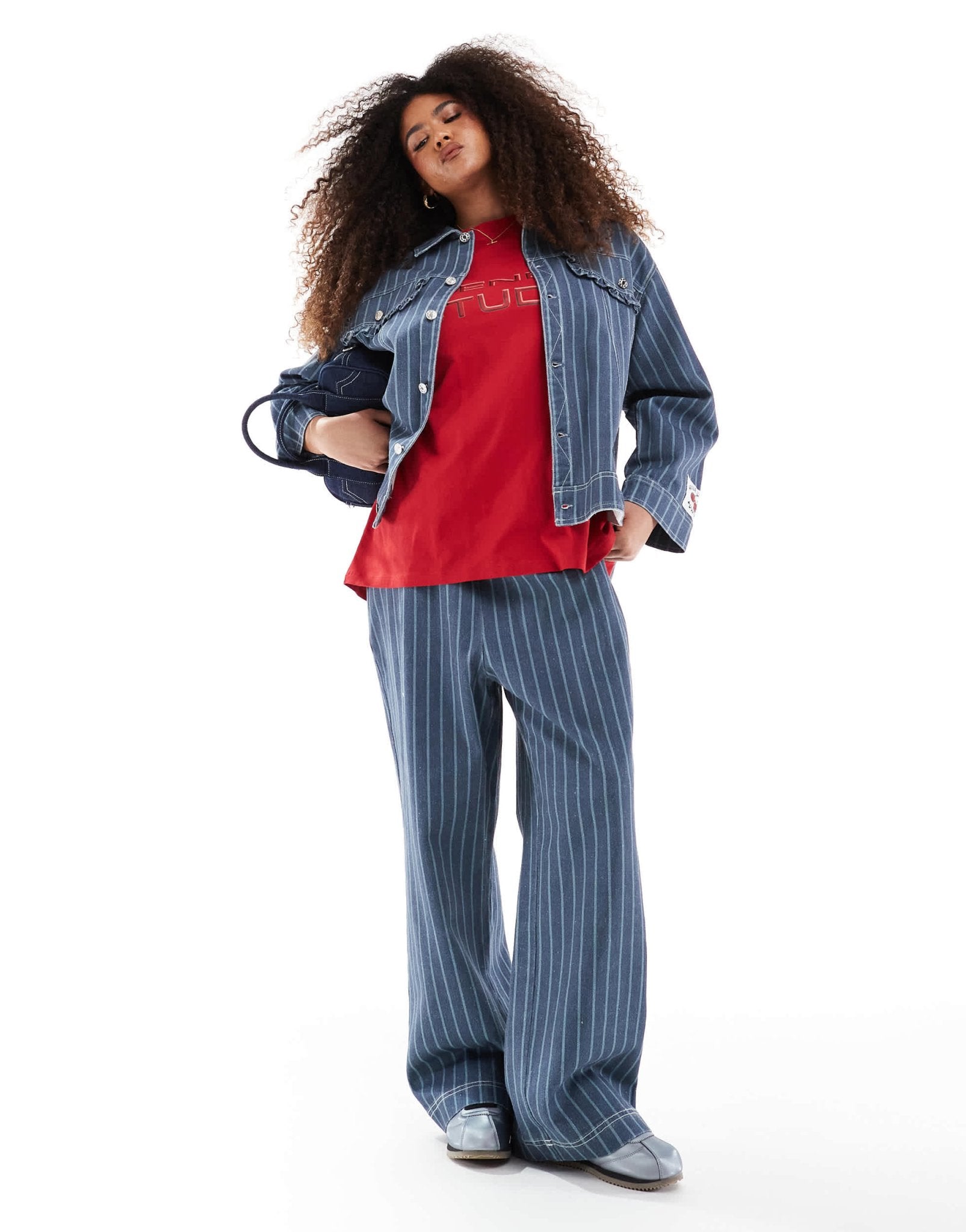 Renee Studio Plus exclusive oversized ruffle pocket detail jacket co - ord in blue stripe - ASOS Sample Sale EU Store