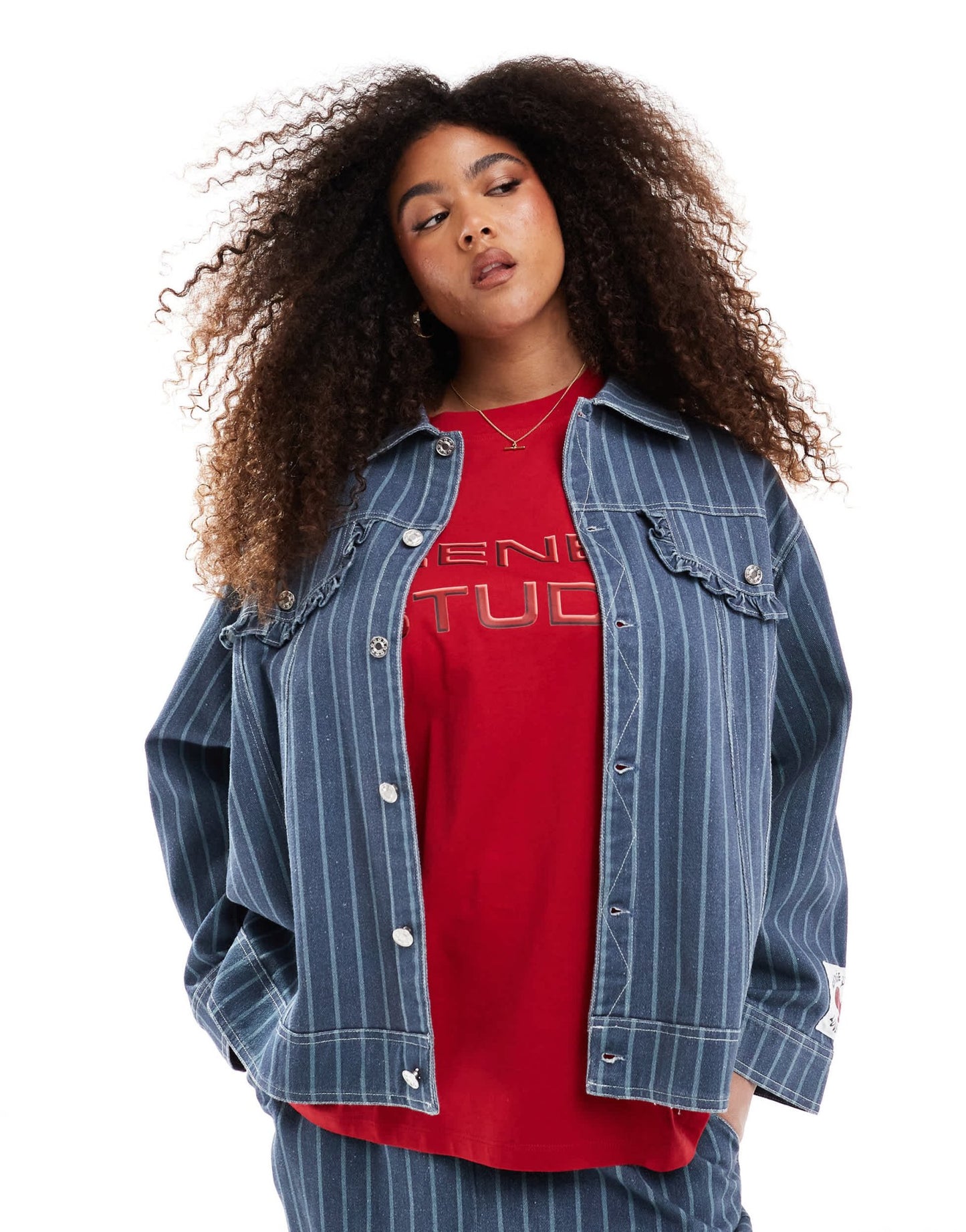 Renee Studio Plus exclusive oversized ruffle pocket detail jacket co - ord in blue stripe - ASOS Sample Sale EU Store
