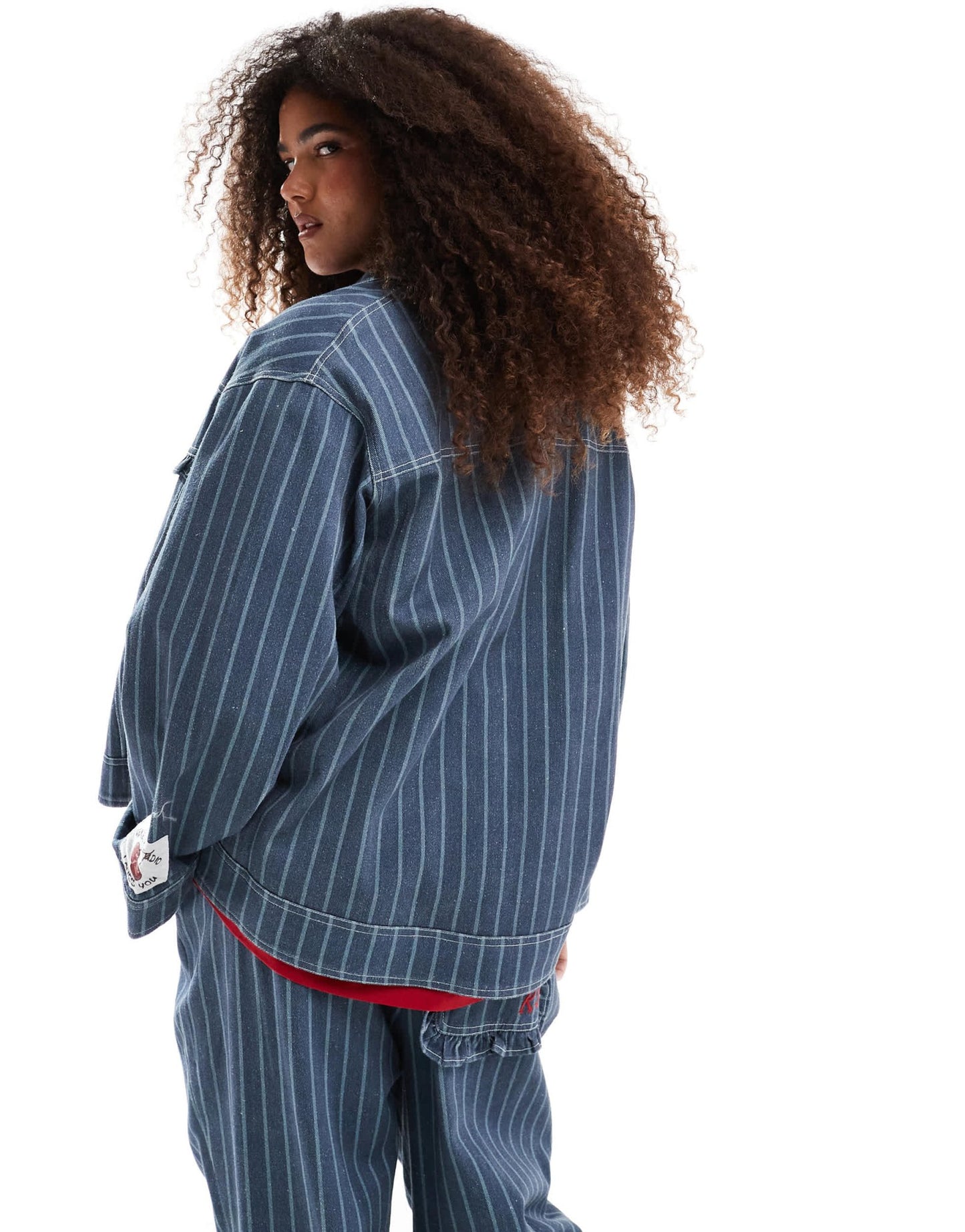 Renee Studio Plus exclusive oversized ruffle pocket detail jacket co - ord in blue stripe - ASOS Sample Sale EU Store