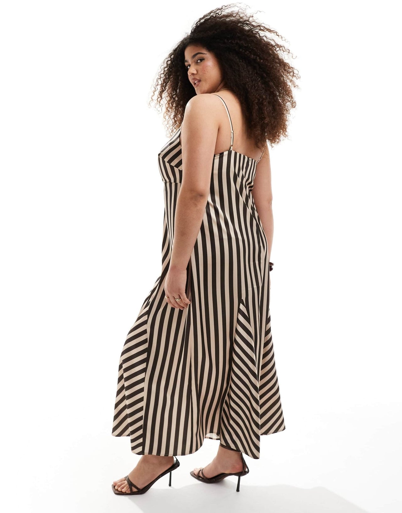 Renee Studio Plus exclusive satin strappy v neck godet maxi dress in brown stripe - ASOS Sample Sale EU Store