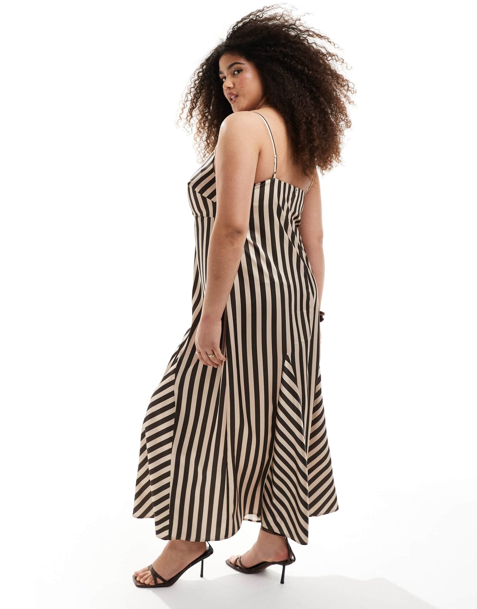 Renee Studio Plus exclusive satin strappy v neck godet maxi dress in brown stripe - ASOS Sample Sale EU Store