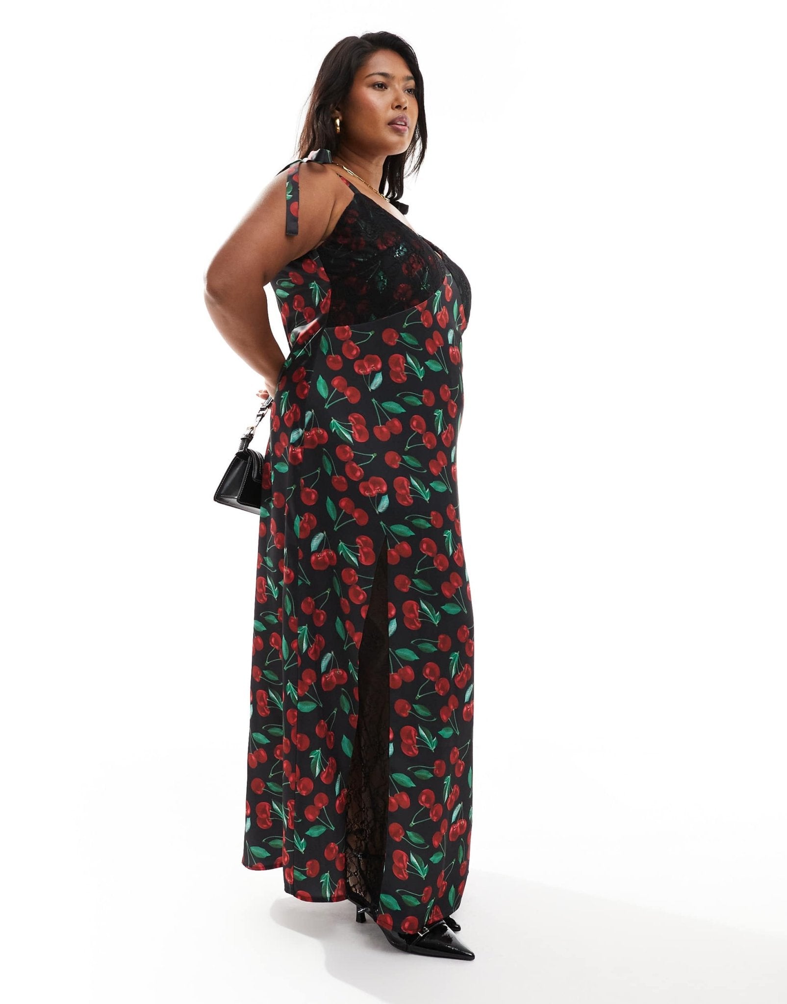 Renee Studio Plus x Holly Wynne exclusive cami tie sleeve maxi satin slip dress in black cherry print - ASOS Sample Sale EU Store