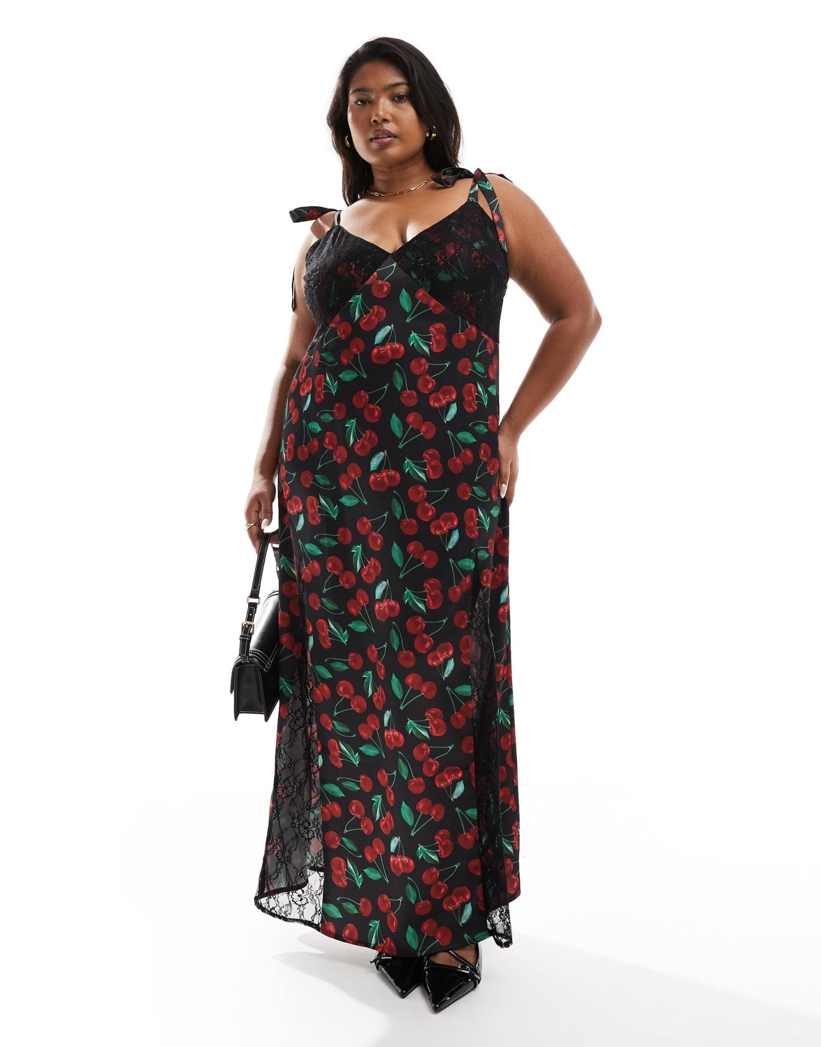 Renee Studio Plus x Holly Wynne exclusive cami tie sleeve maxi satin slip dress in black cherry print - ASOS Sample Sale EU Store