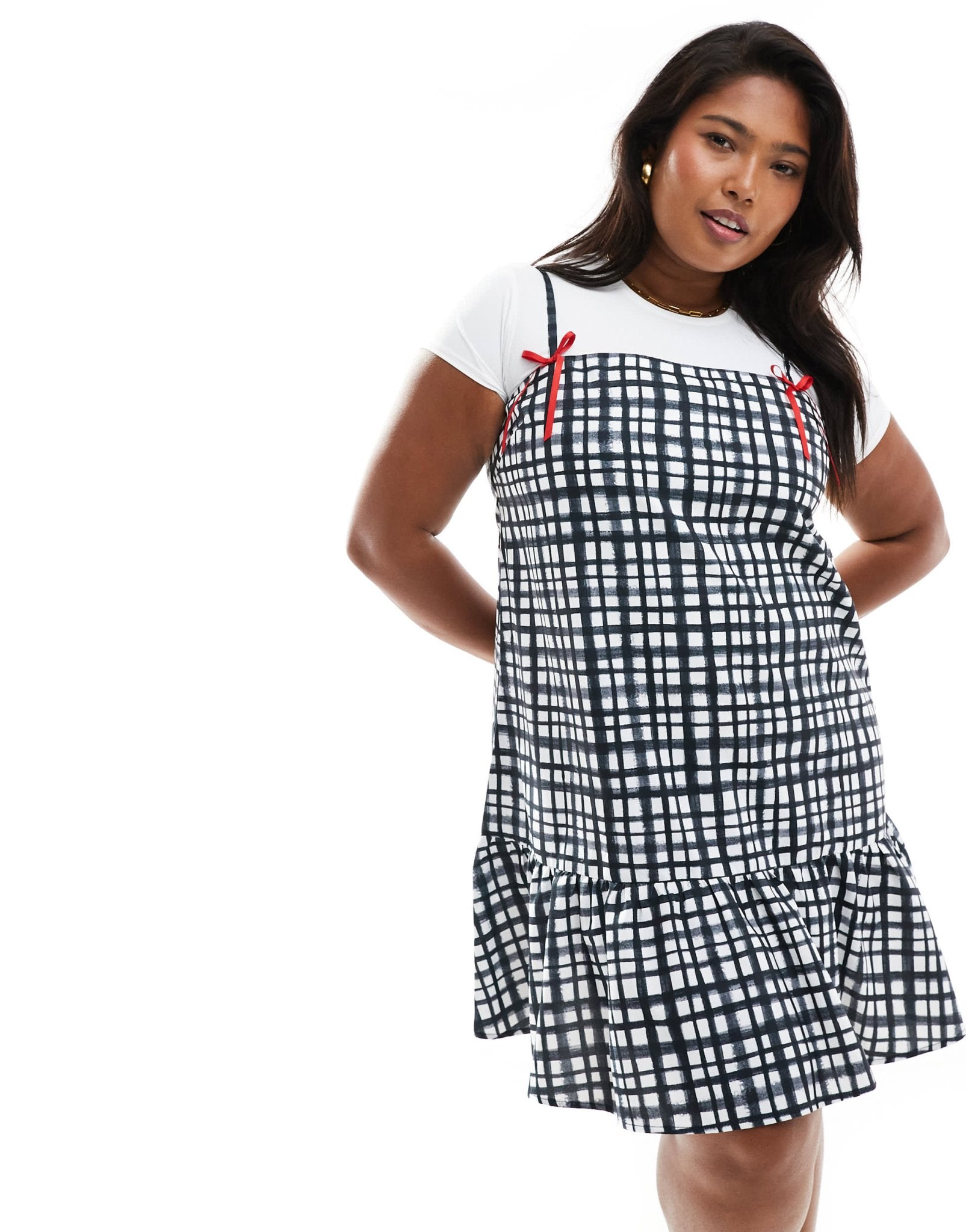 Renee Studio Plus x Holly Wynne exclusive ribbon bow cami sleeve peplum hem mini dress in grey check - ASOS Sample Sale EU Store