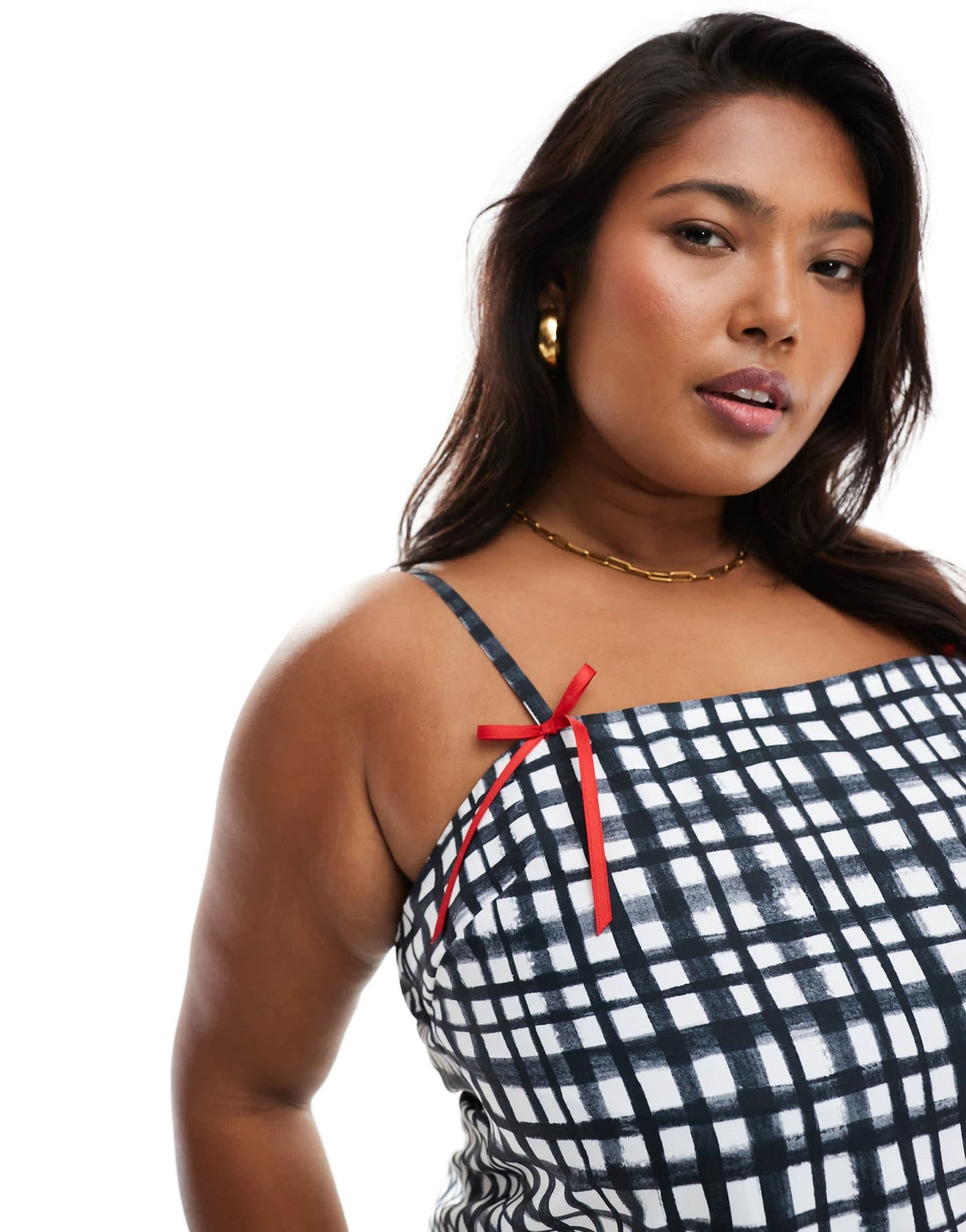 Renee Studio Plus x Holly Wynne exclusive ribbon bow cami sleeve peplum hem mini dress in grey check - ASOS Sample Sale EU Store