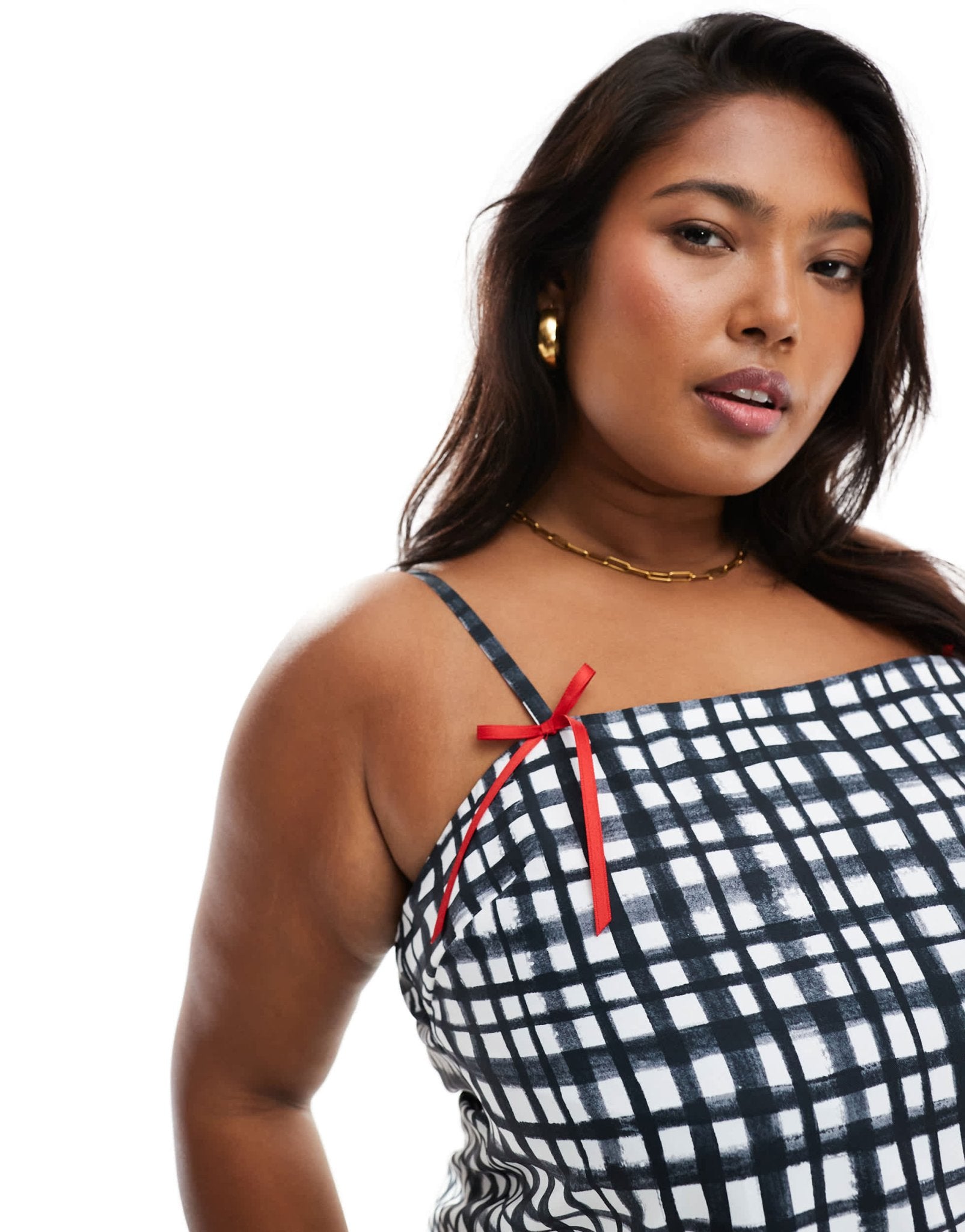 Renee Studio Plus x Holly Wynne exclusive ribbon bow cami sleeve peplum hem mini dress in grey check - ASOS Sample Sale EU Store