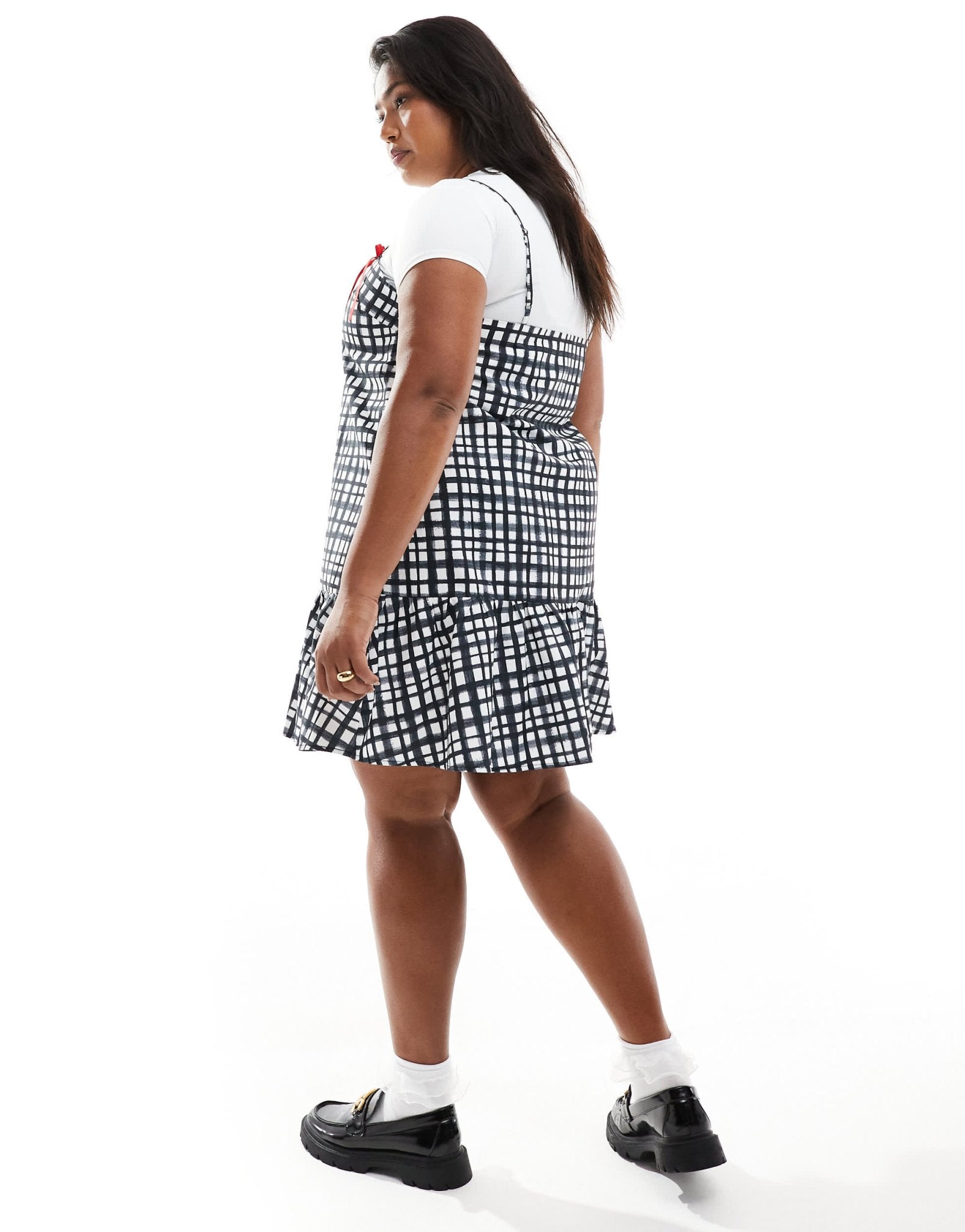 Renee Studio Plus x Holly Wynne exclusive ribbon bow cami sleeve peplum hem mini dress in grey check - ASOS Sample Sale EU Store