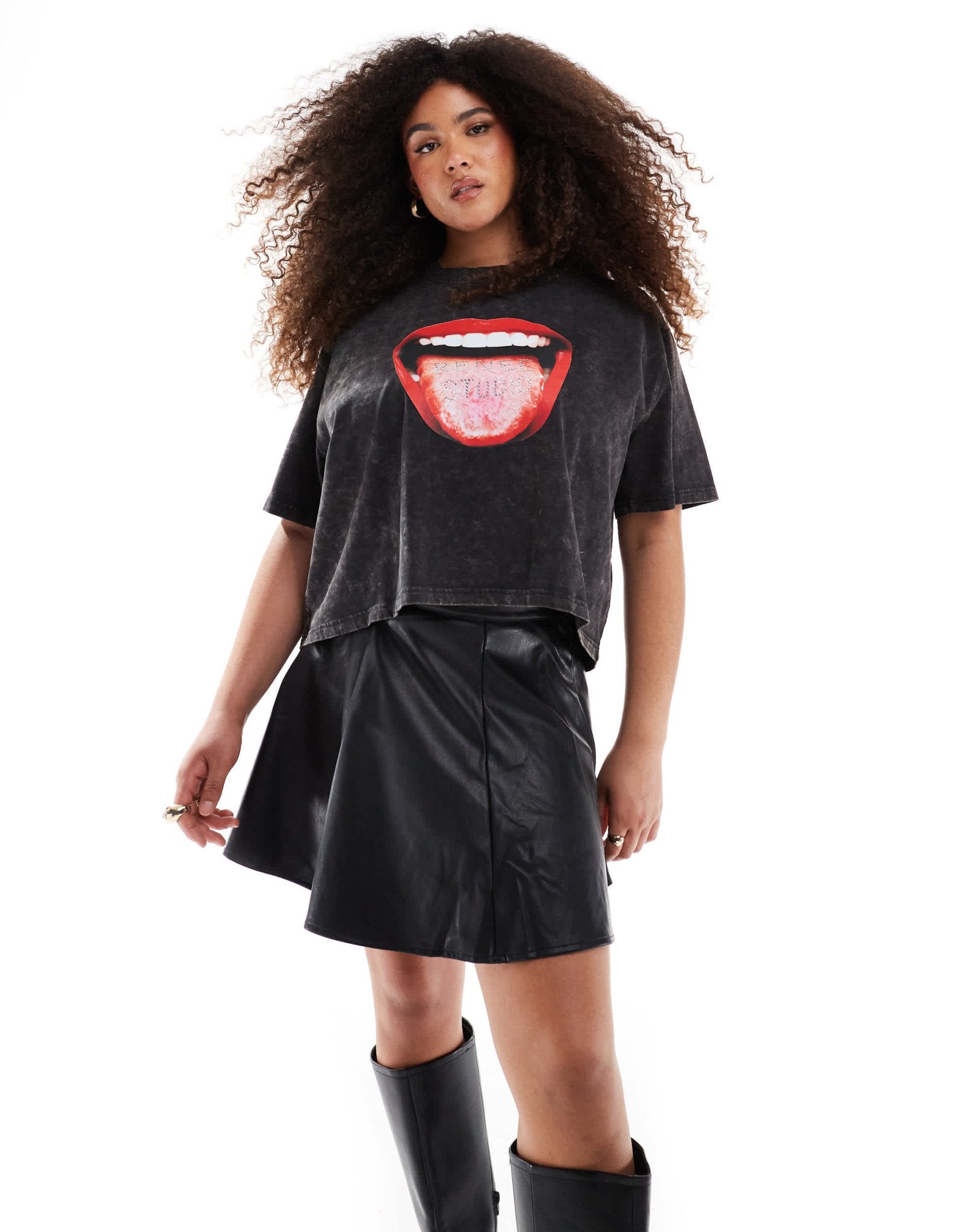 Renee Studio Plus x Michelle Nayla exclusive acid wash hot fix mouth motif t-shirt in grey - ASOS Sample Sale EU Store