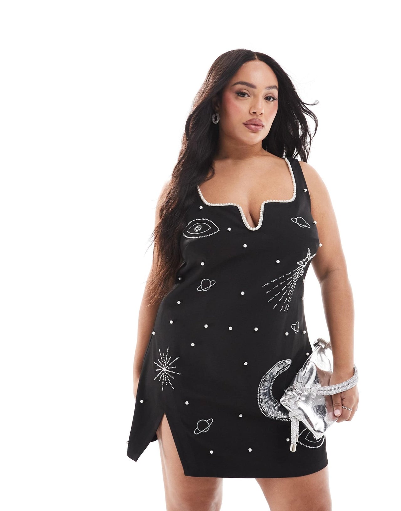Renee Studio Plus x Michelle Nayla exclusive celestial sequin and pearl embellished side split mini dress in black - ASOS Sample Sale EU Store
