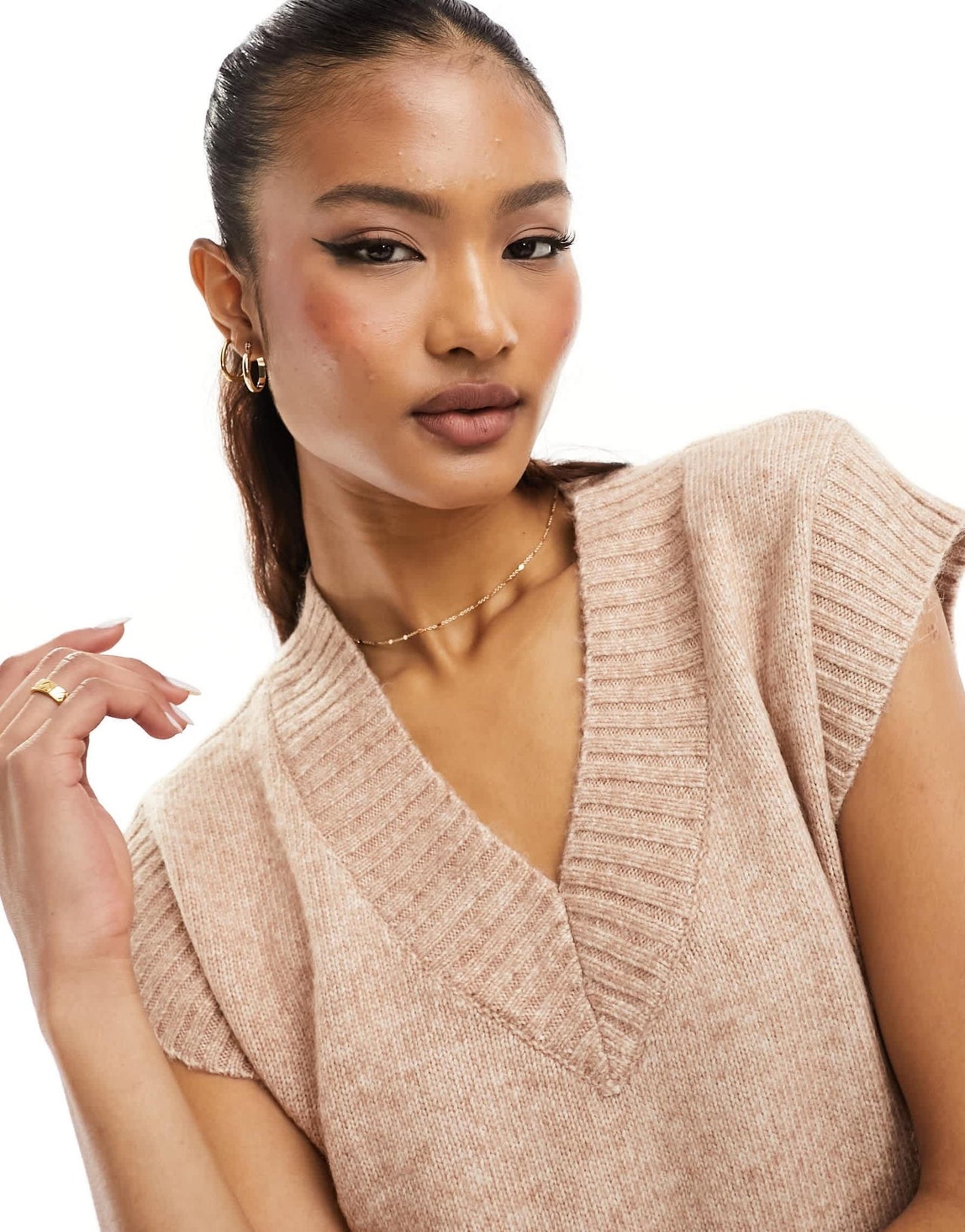 River Island academy knit midi dress with side split in beige - ASOS Sample Sale EU Store