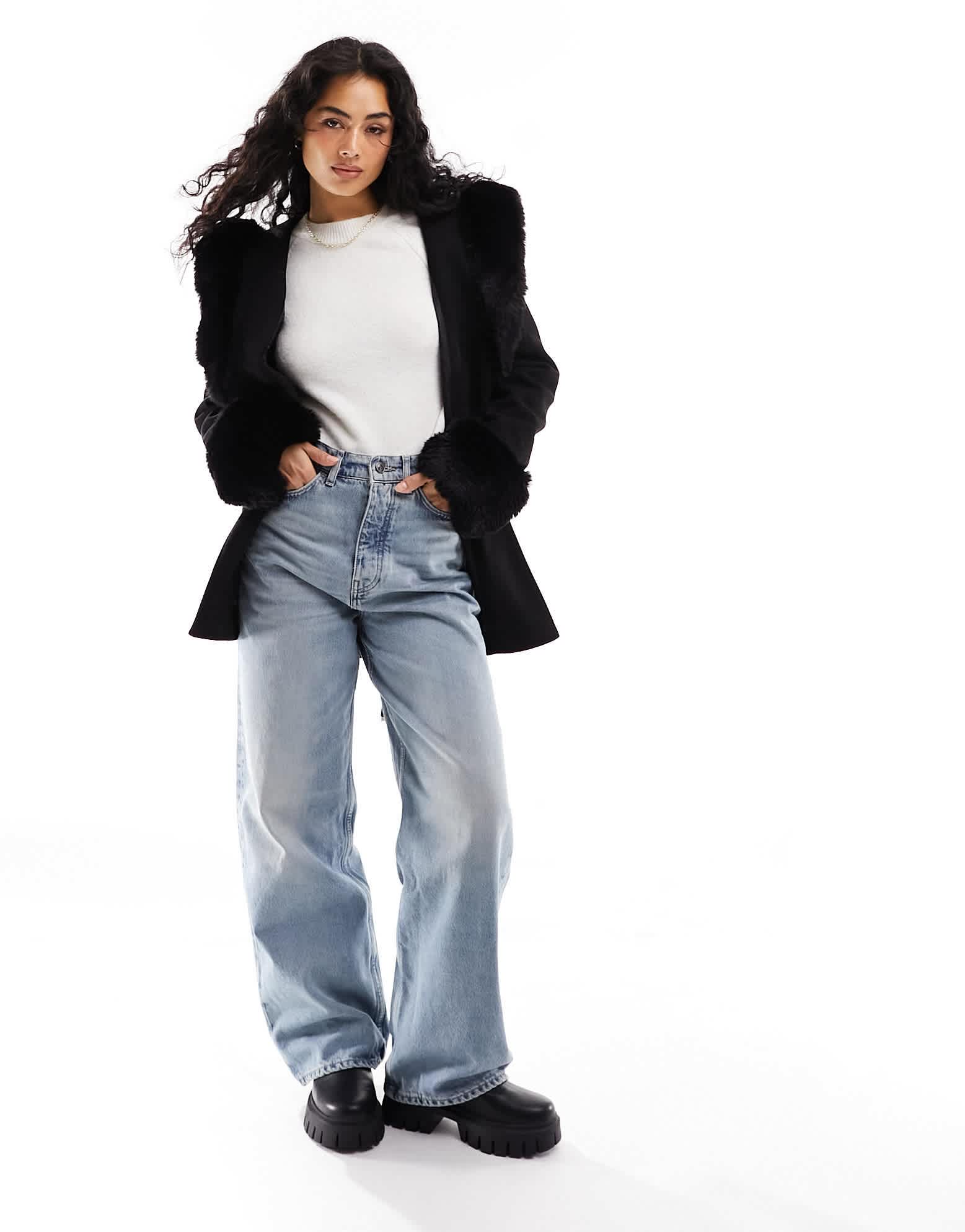 River Island belted faux fur short jacket in black - ASOS Sample Sale EU Store
