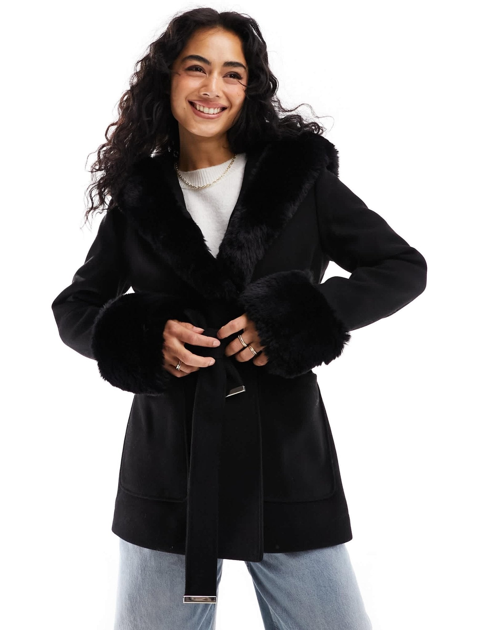 River Island belted faux fur short jacket in black - ASOS Sample Sale EU Store