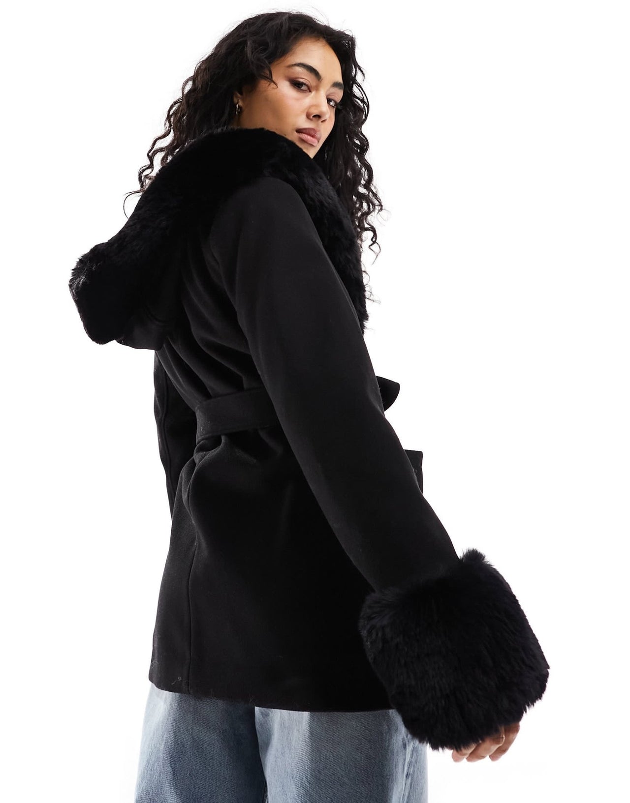 River Island belted faux fur short jacket in black - ASOS Sample Sale EU Store