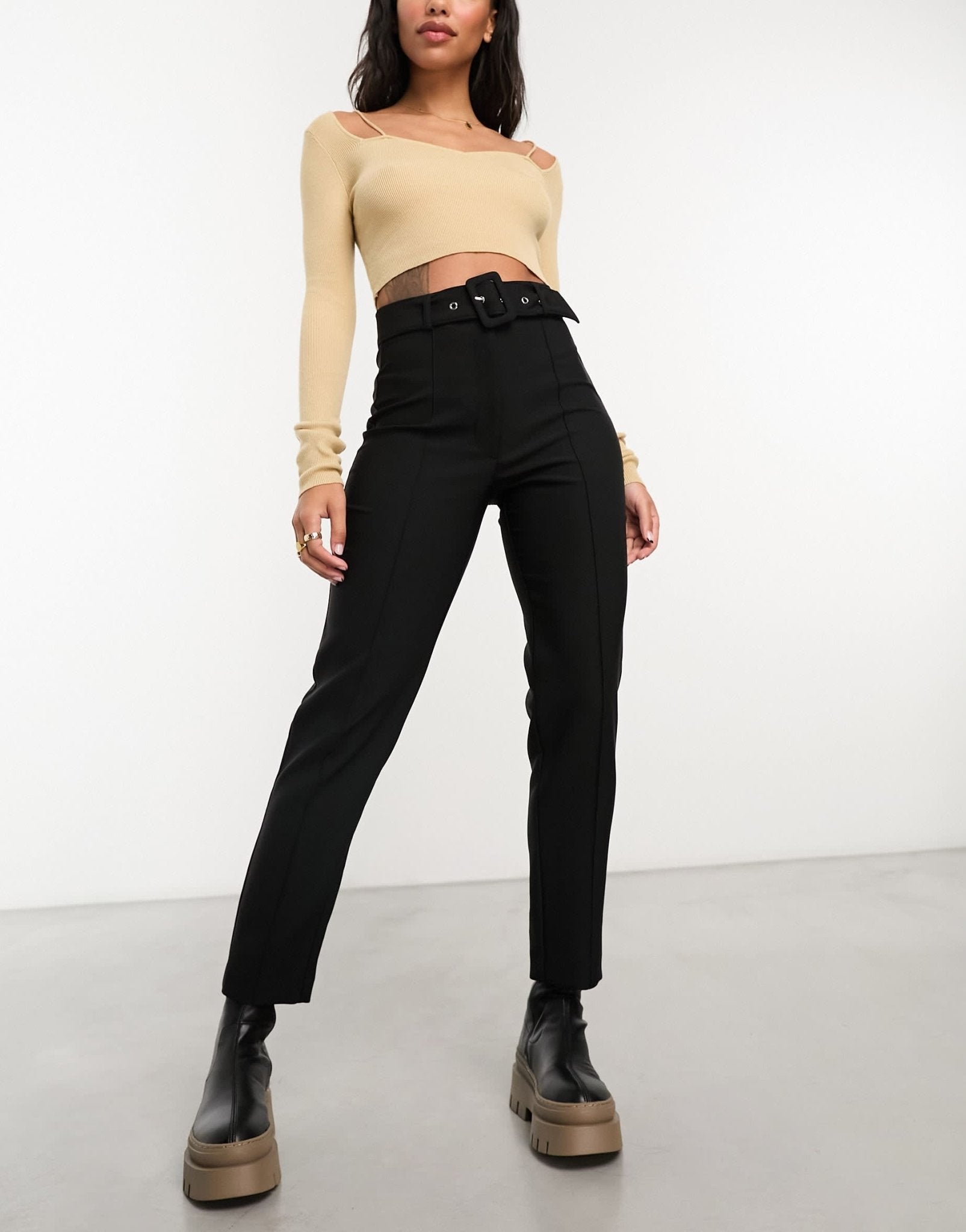 River Island belted peg trouser in black - ASOS Sample Sale EU Store