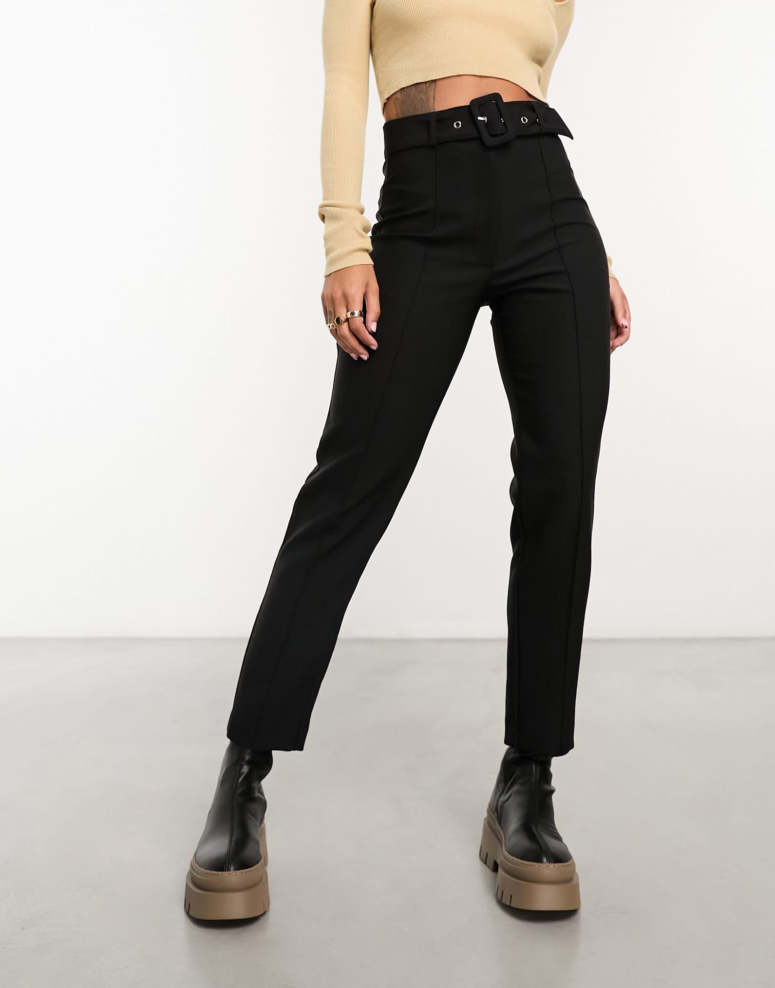 River Island belted peg trouser in black - ASOS Sample Sale EU Store