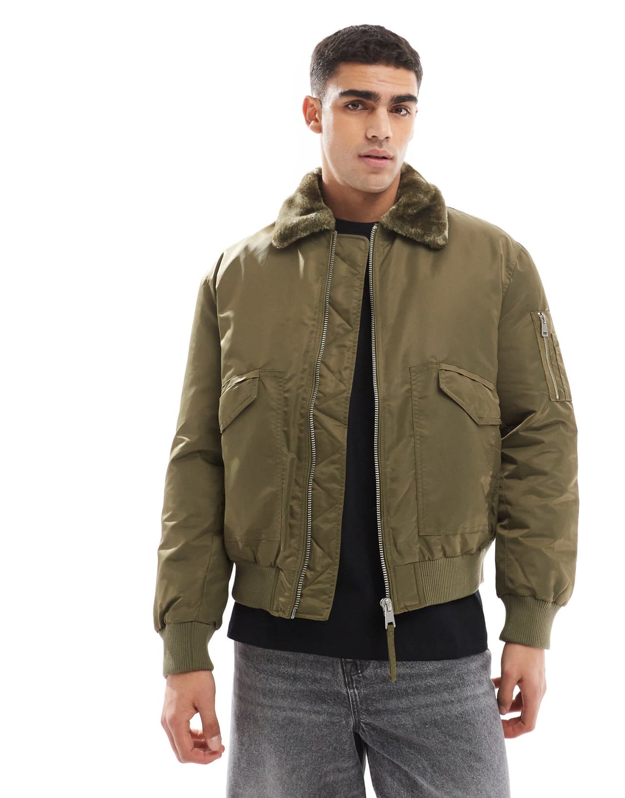 River Island borg collar bomber jacket in khaki - ASOS Sample Sale EU Store