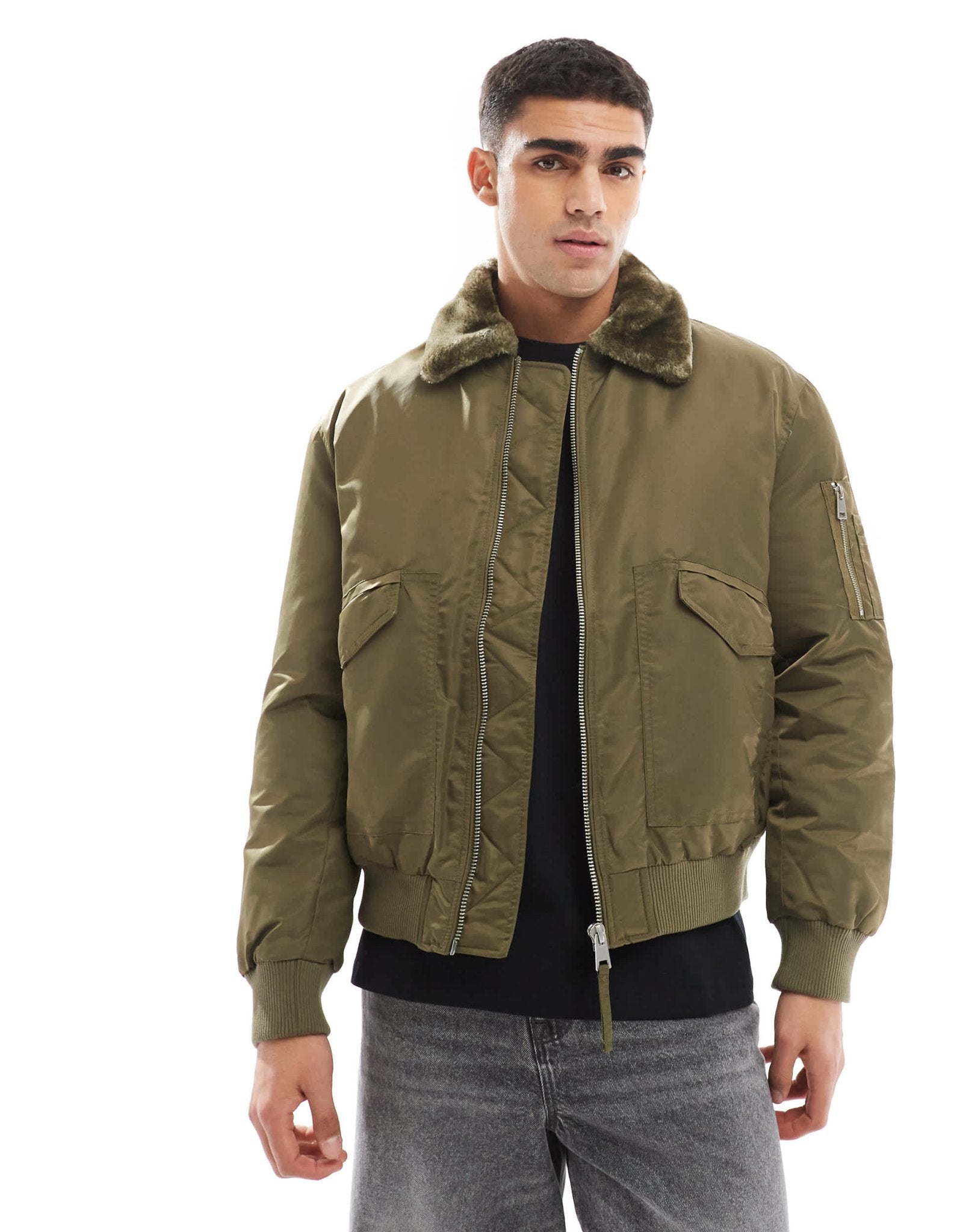 River Island borg collar bomber jacket in khaki - ASOS Sample Sale EU Store