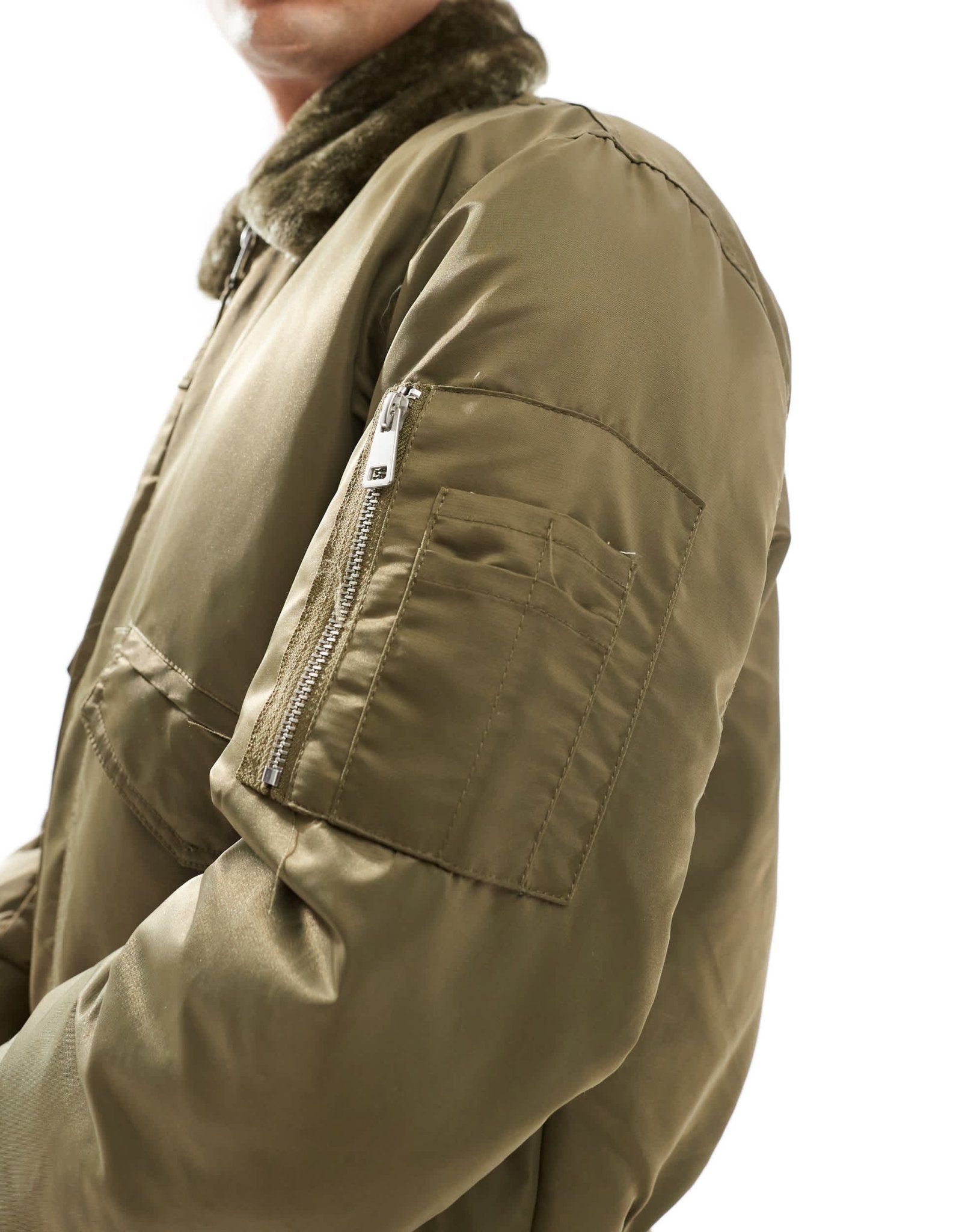 River Island borg collar bomber jacket in khaki - ASOS Sample Sale EU Store