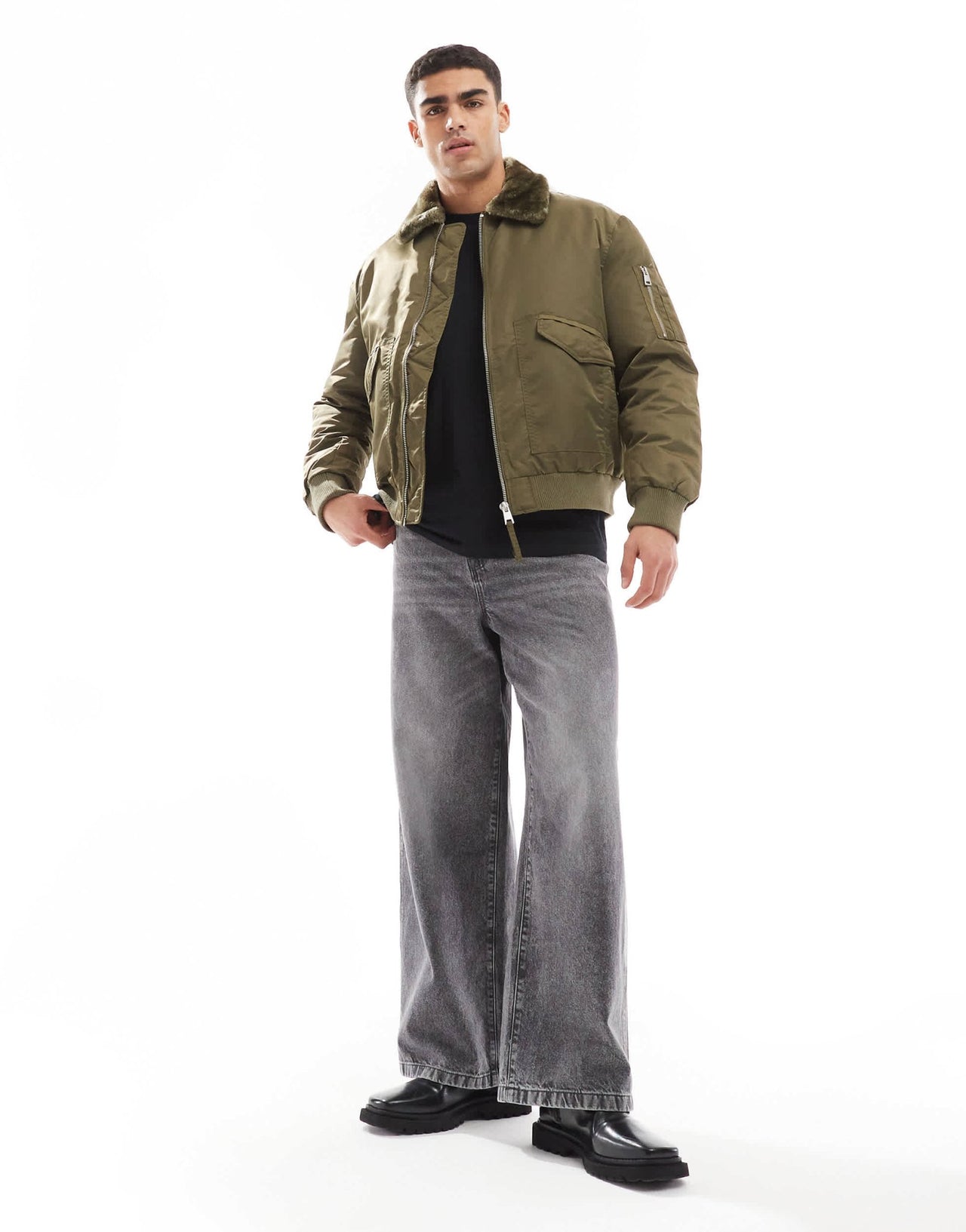 River Island borg collar bomber jacket in khaki - ASOS Sample Sale EU Store