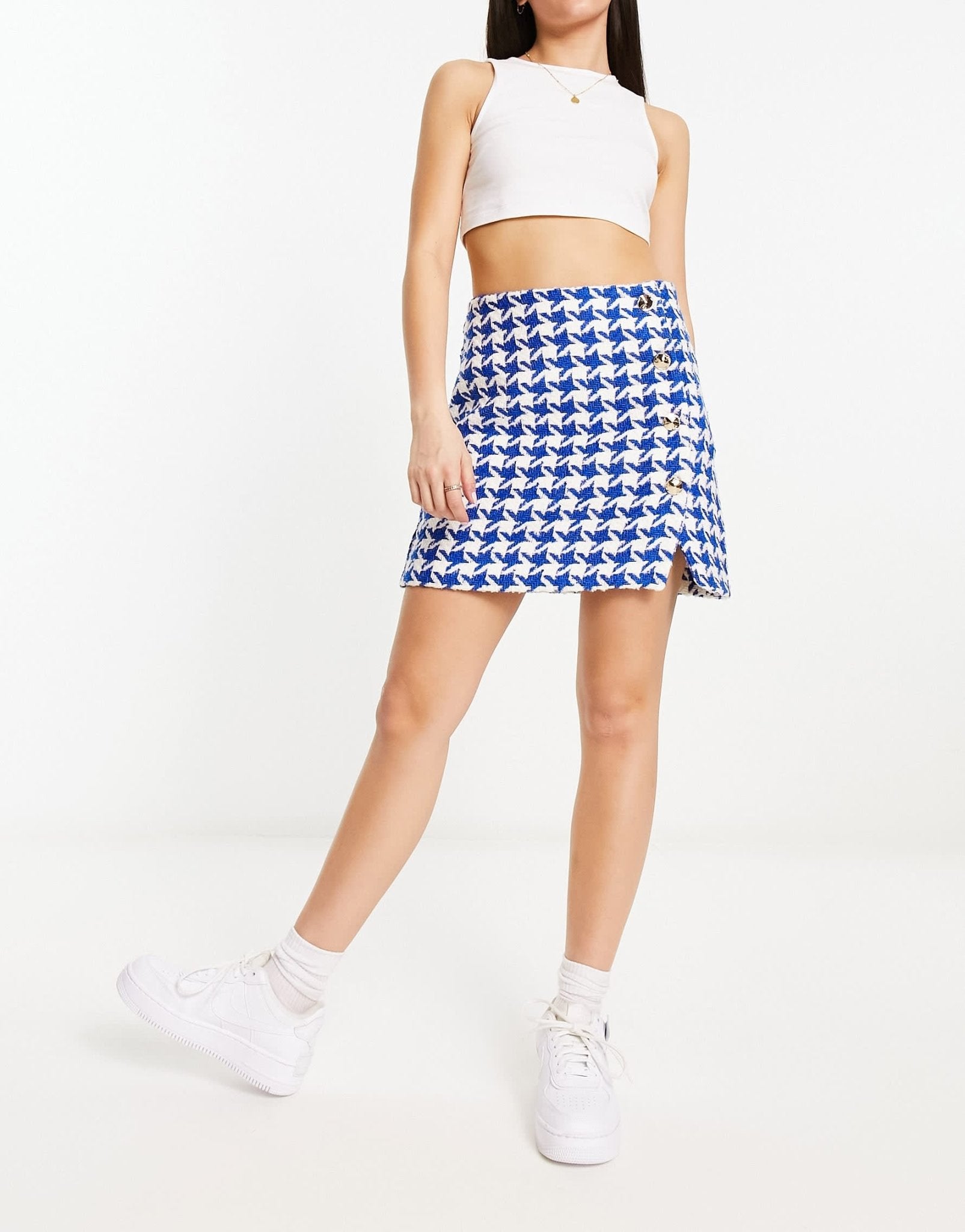 River Island boucle dogtooth print skirt co - ord in blue - ASOS Sample Sale EU Store
