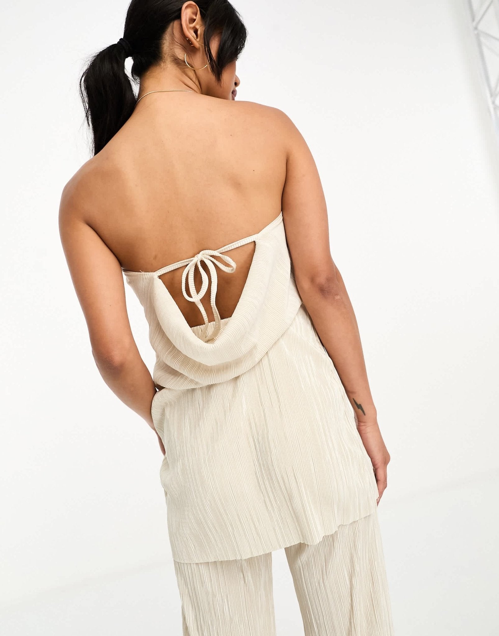 River Island co - ord plisse cowl back bandeau top in cream - ASOS Sample Sale EU Store