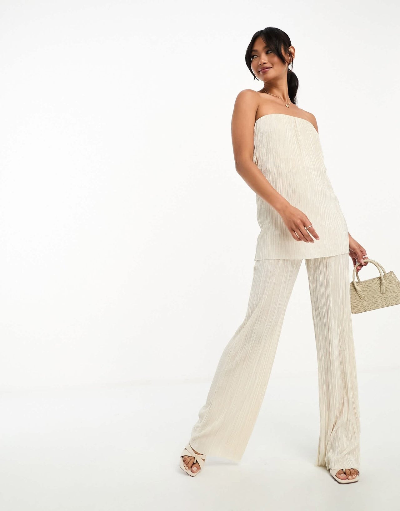 River Island co - ord plisse cowl back bandeau top in cream - ASOS Sample Sale EU Store