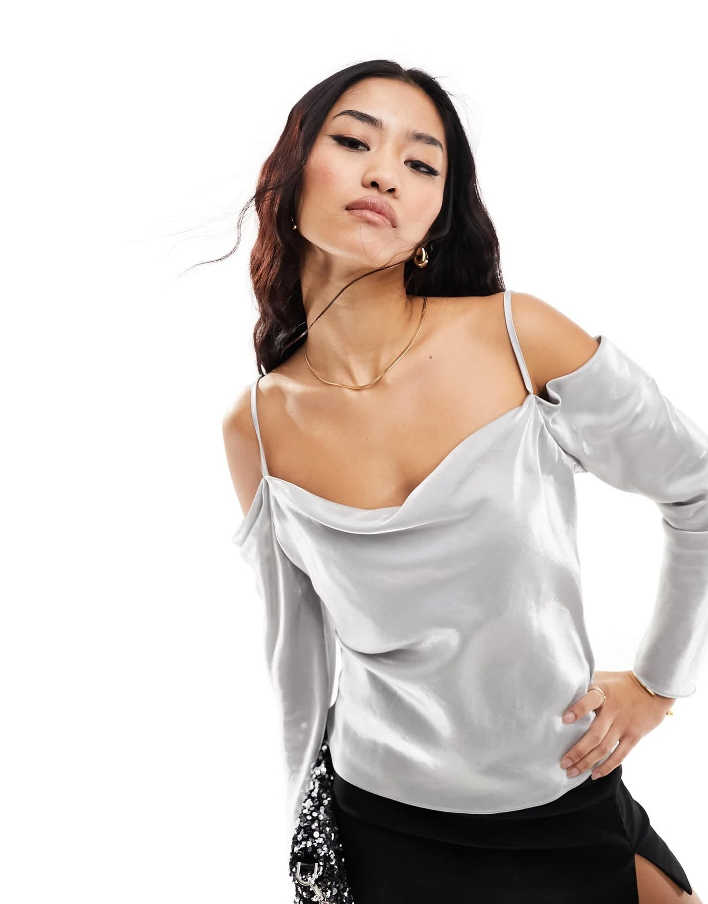 River Island cold shoulder satin top in silver - ASOS Sample Sale EU Store