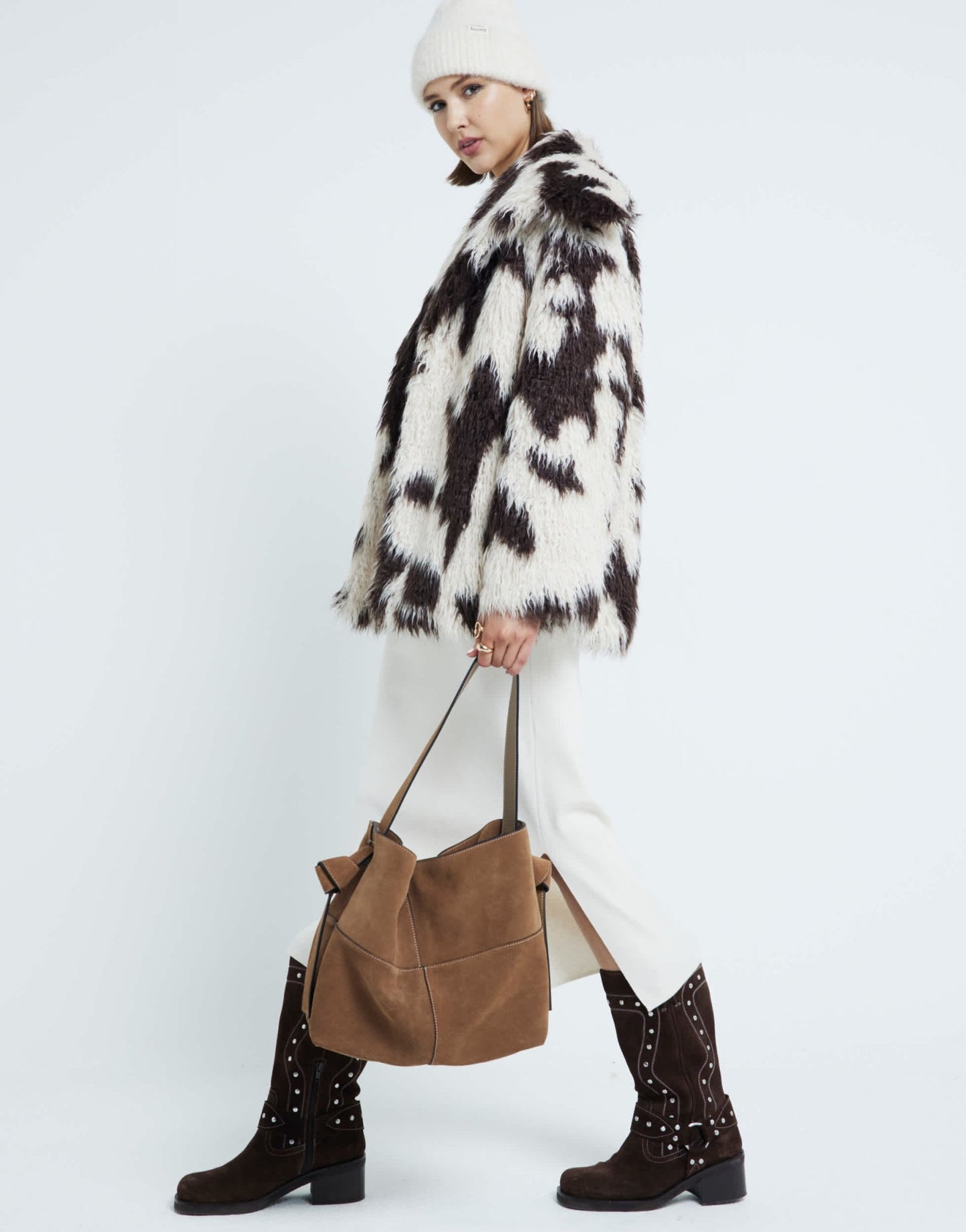 River Island cow print faux fur coat in cream - ASOS Sample Sale EU Store