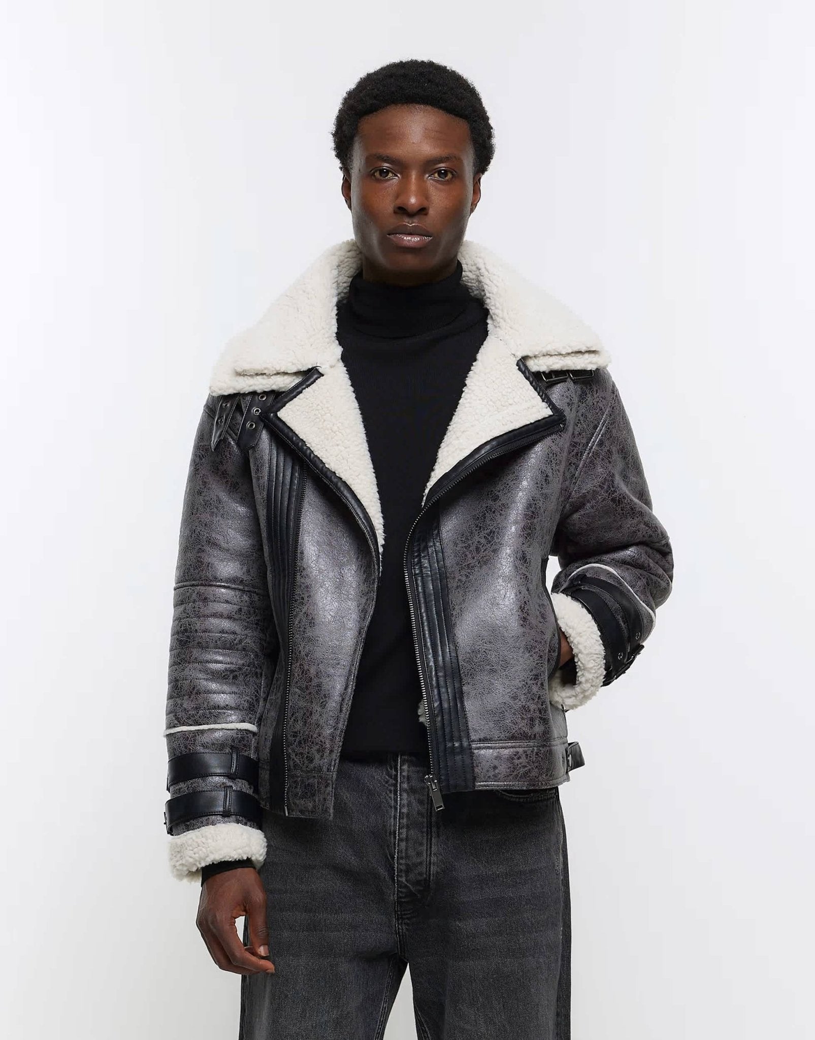 River Island crackle faux shearling aviator jacket in grey - ASOS Sample Sale EU Store