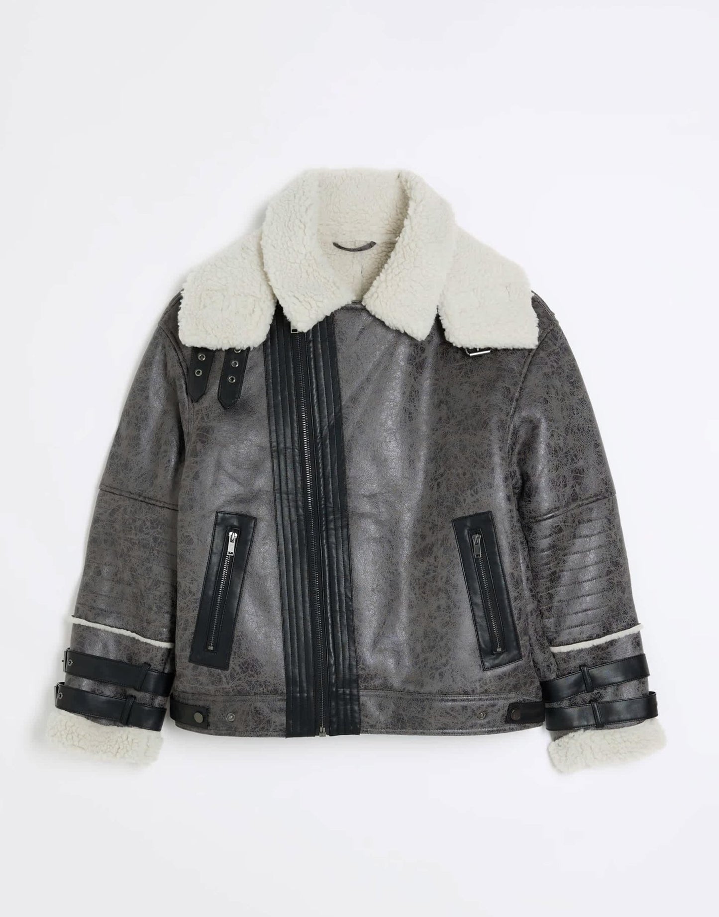 River Island crackle faux shearling aviator jacket in grey - ASOS Sample Sale EU Store