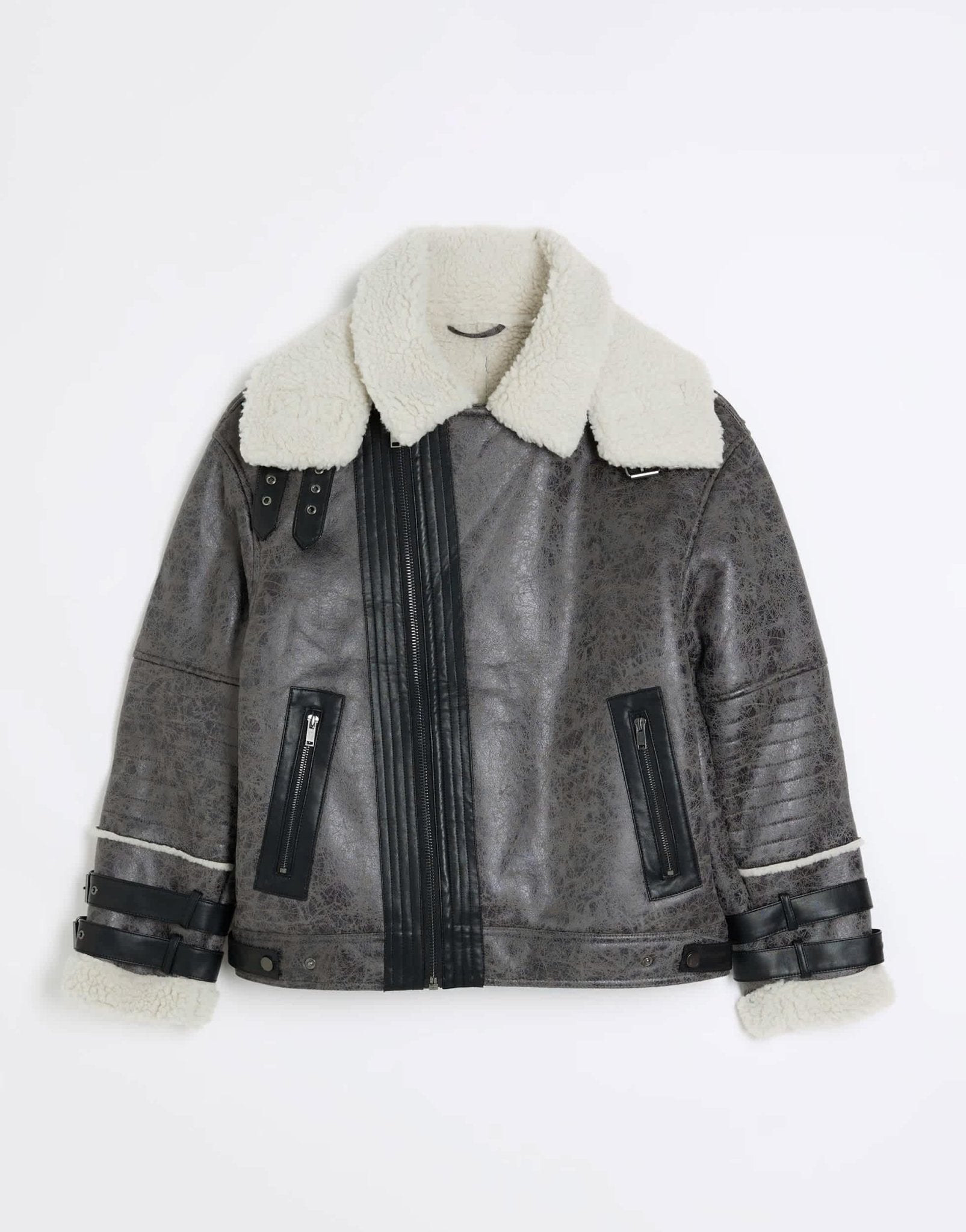 River Island crackle faux shearling aviator jacket in grey - ASOS Sample Sale EU Store