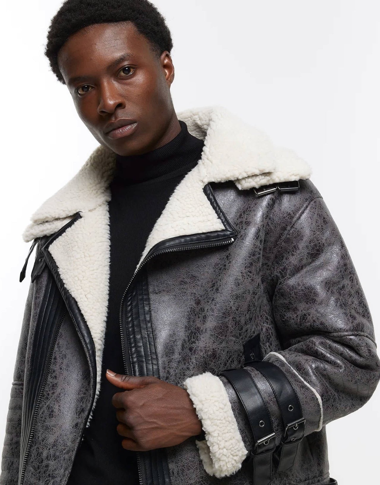 River Island crackle faux shearling aviator jacket in grey - ASOS Sample Sale EU Store