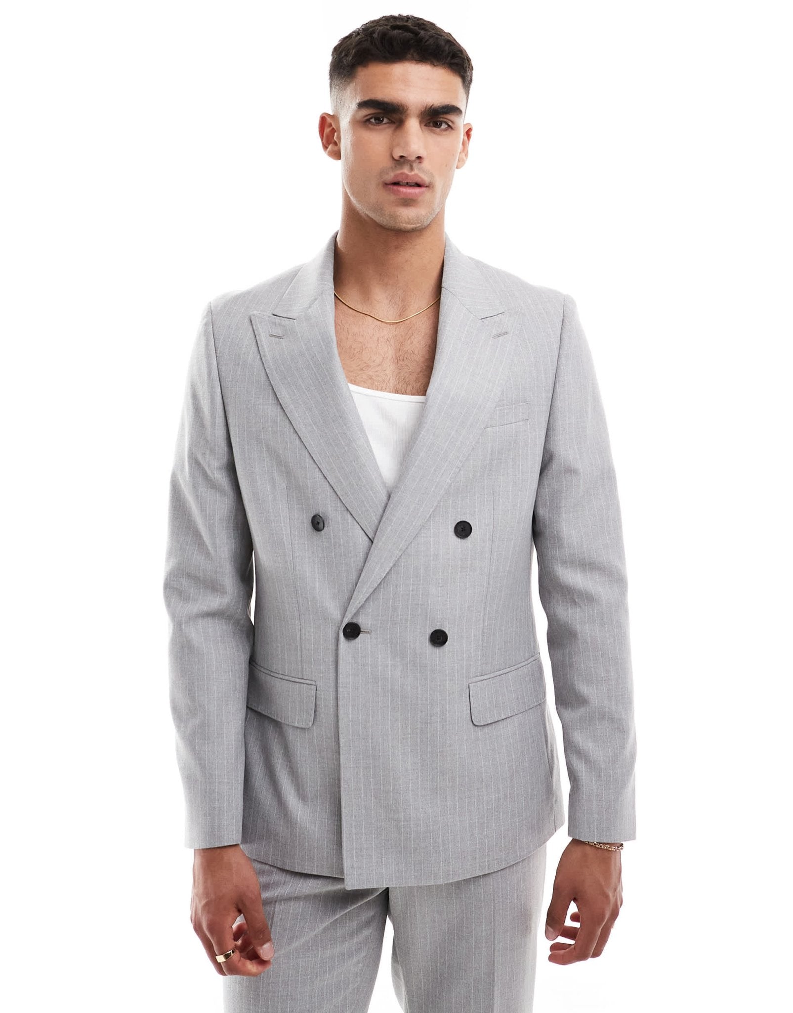 River Island crepe stripe suit jacket in grey - ASOS Sample Sale EU Store