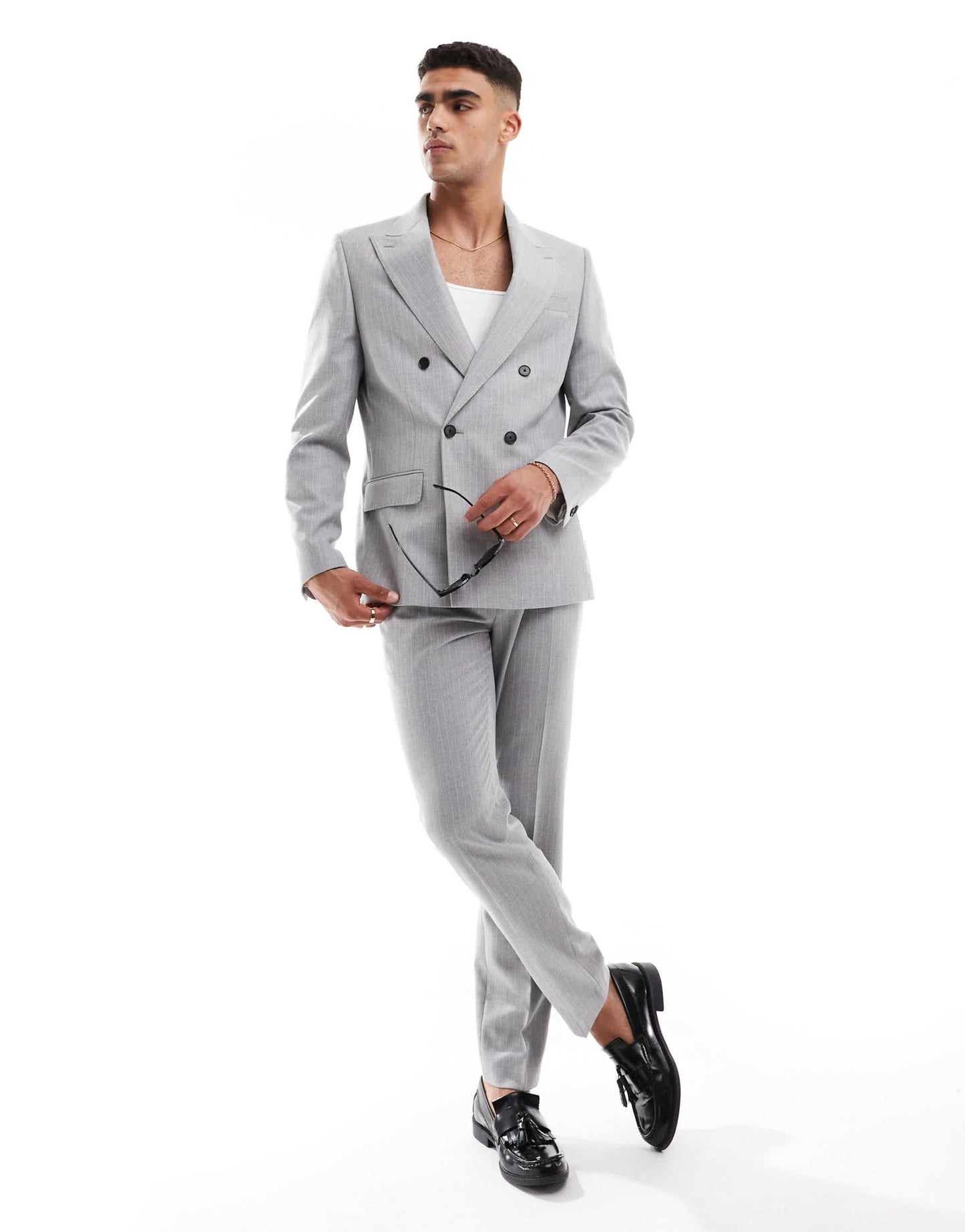 River Island crepe stripe suit jacket in grey - ASOS Sample Sale EU Store