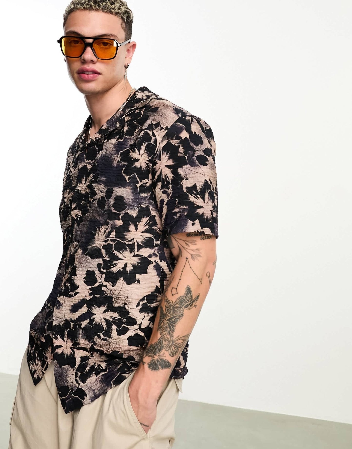 River Island crinkle floral print shirt in brown - ASOS Sample Sale EU Store