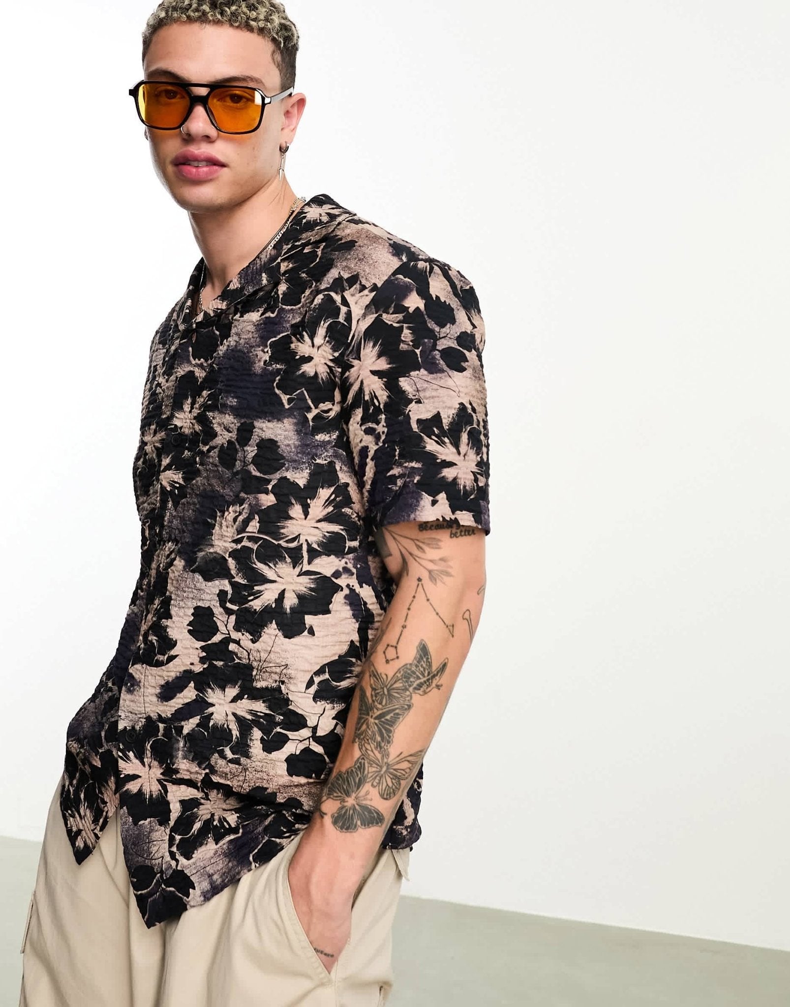 River Island crinkle floral print shirt in brown - ASOS Sample Sale EU Store