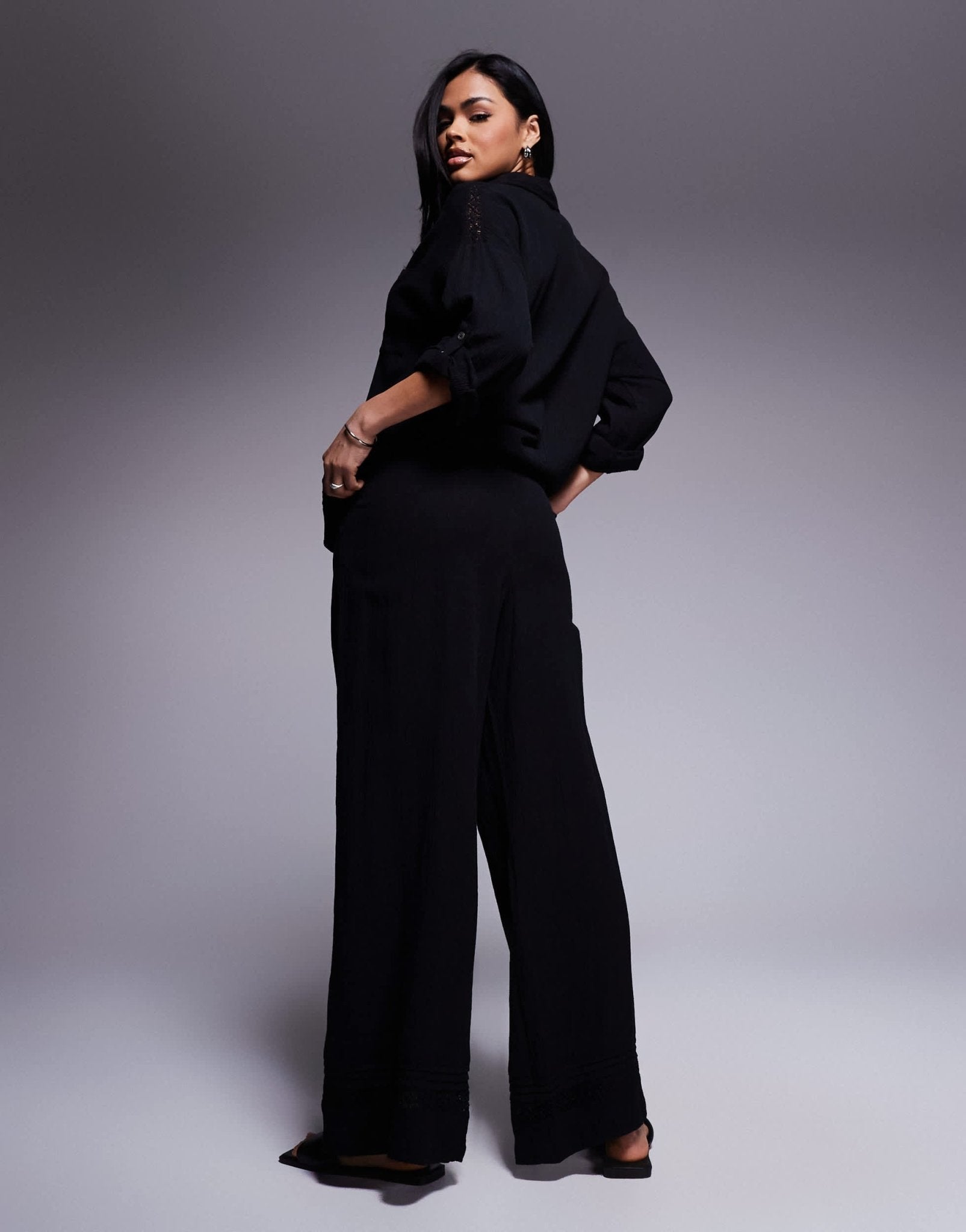 River Island crinkle wide leg trouser co - ord in black - ASOS Sample Sale EU Store