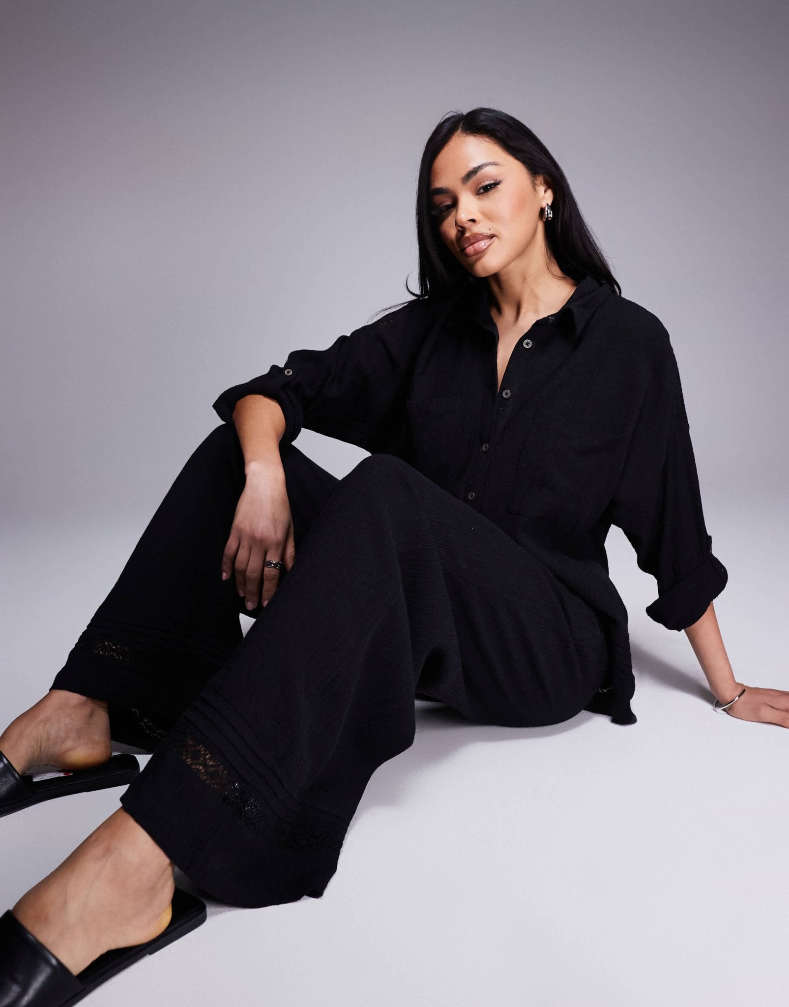 River Island crinkle wide leg trouser co - ord in black - ASOS Sample Sale EU Store