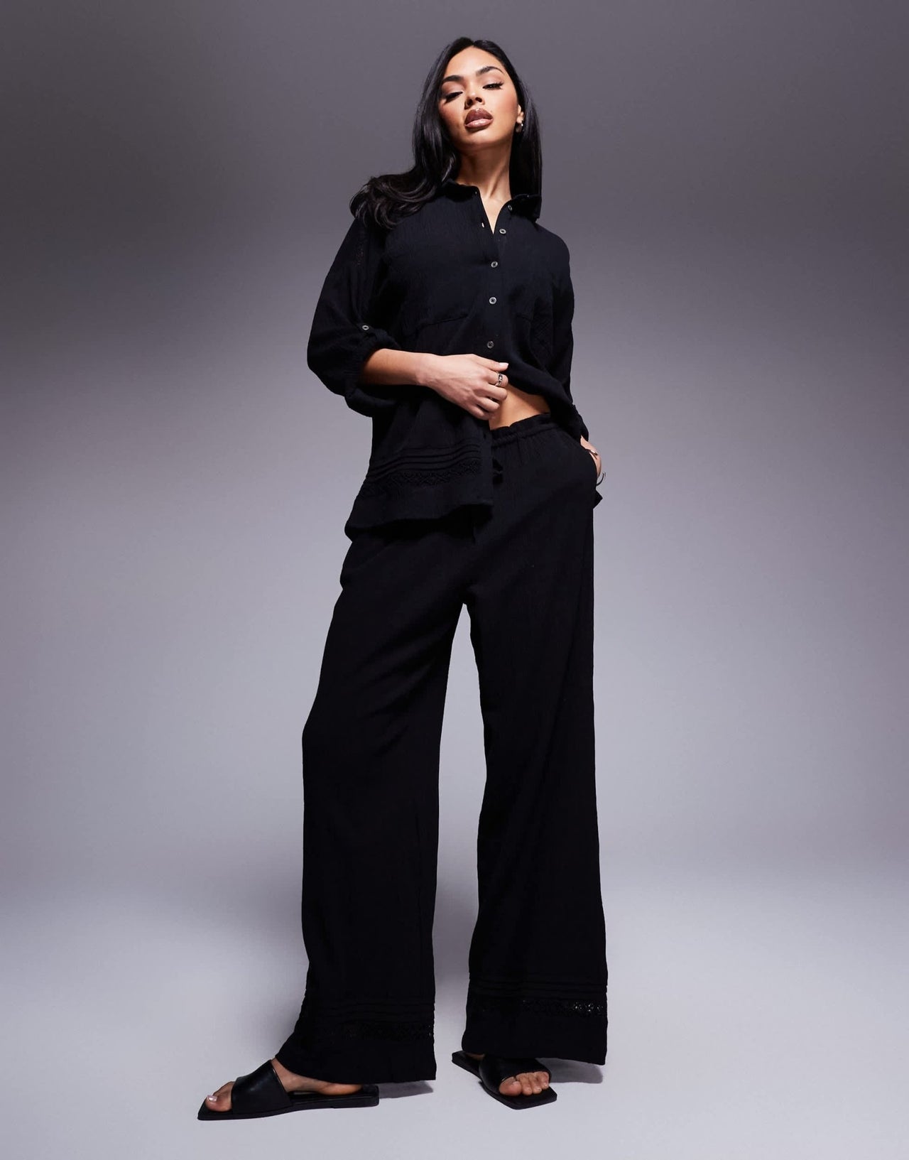 River Island crinkle wide leg trouser co - ord in black - ASOS Sample Sale EU Store