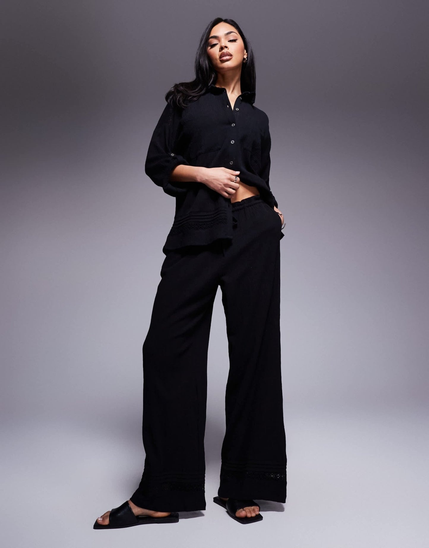 River Island crinkle wide leg trouser co - ord in black - ASOS Sample Sale EU Store