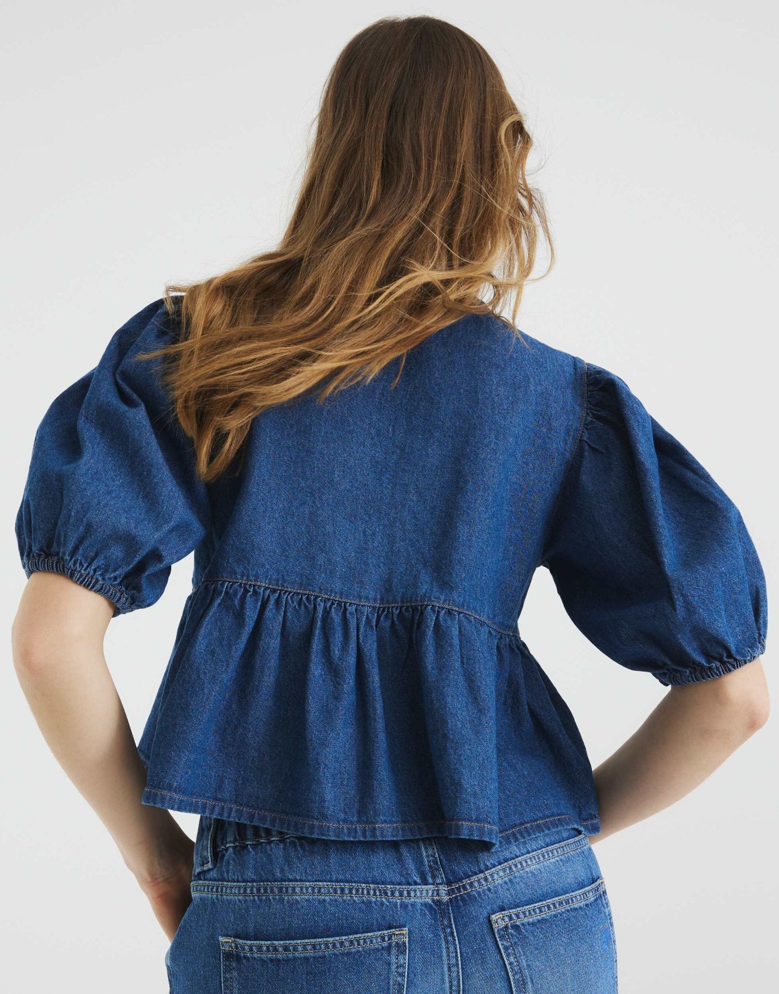 River Island denim puff sleeve top in mid blue - ASOS Sample Sale EU Store